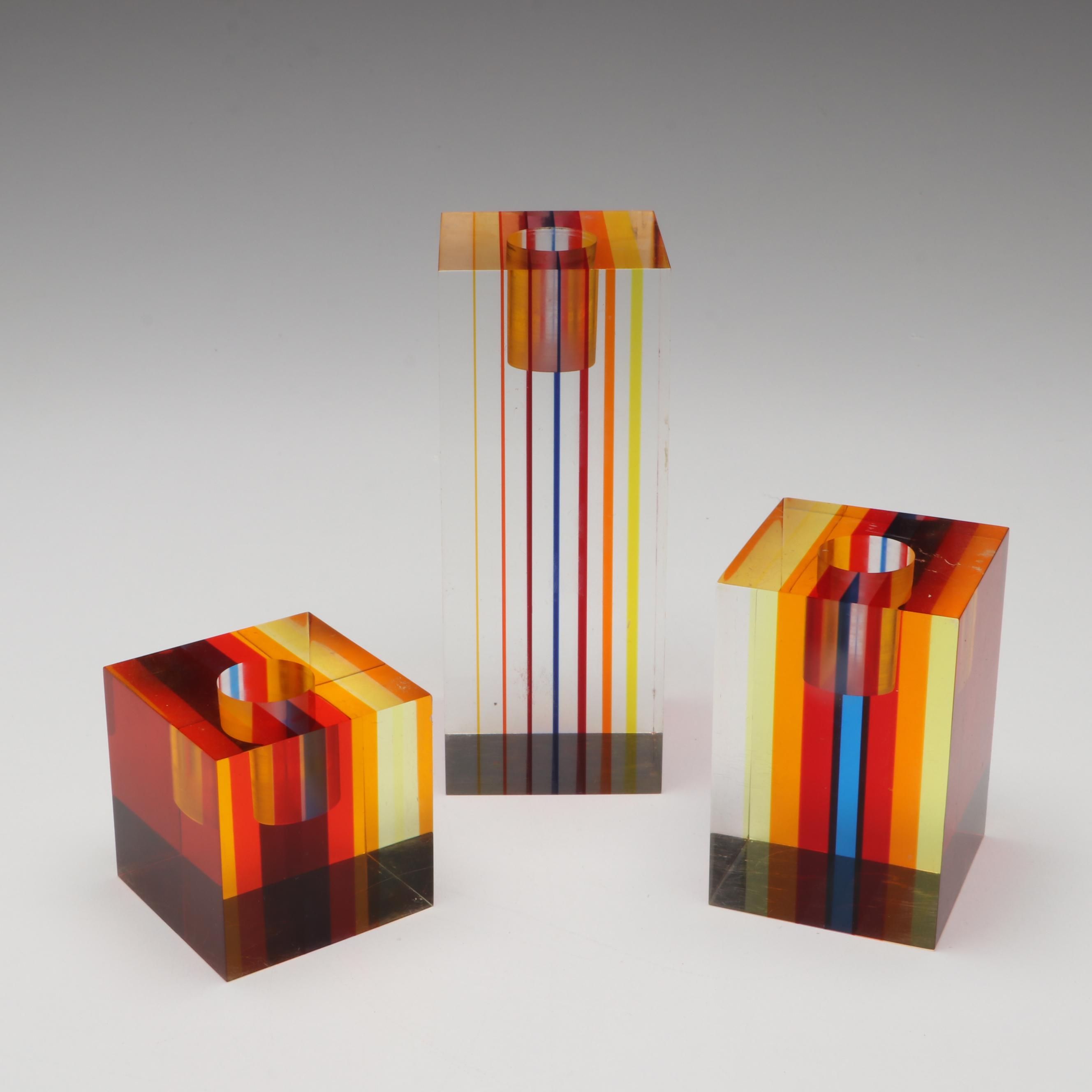 Attributed to Richard Soong Graduated Multicolor Lucite Candle Holders