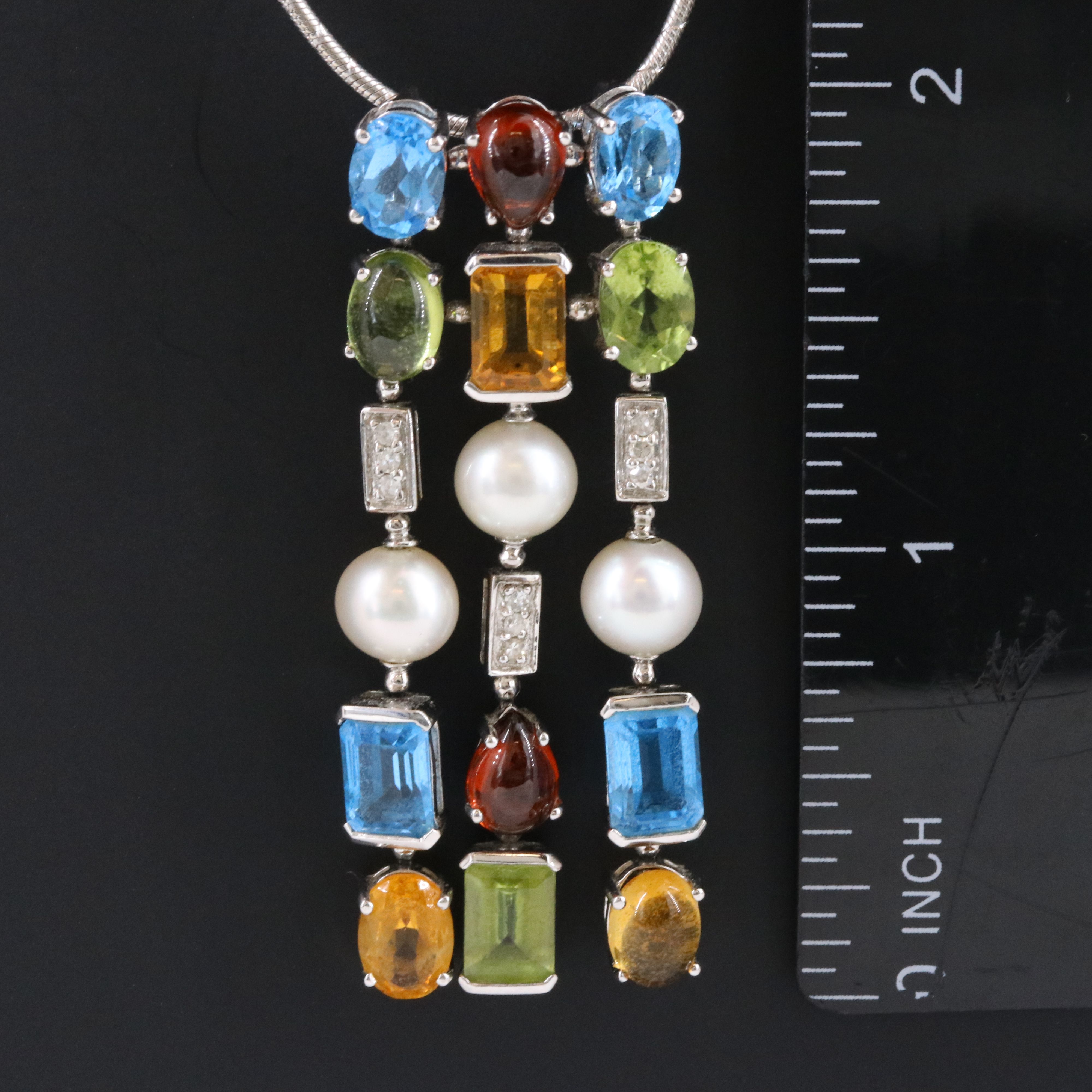 14K Waterfall Pendant Necklace Including Topaz, Peridot, Pearl and Diamond