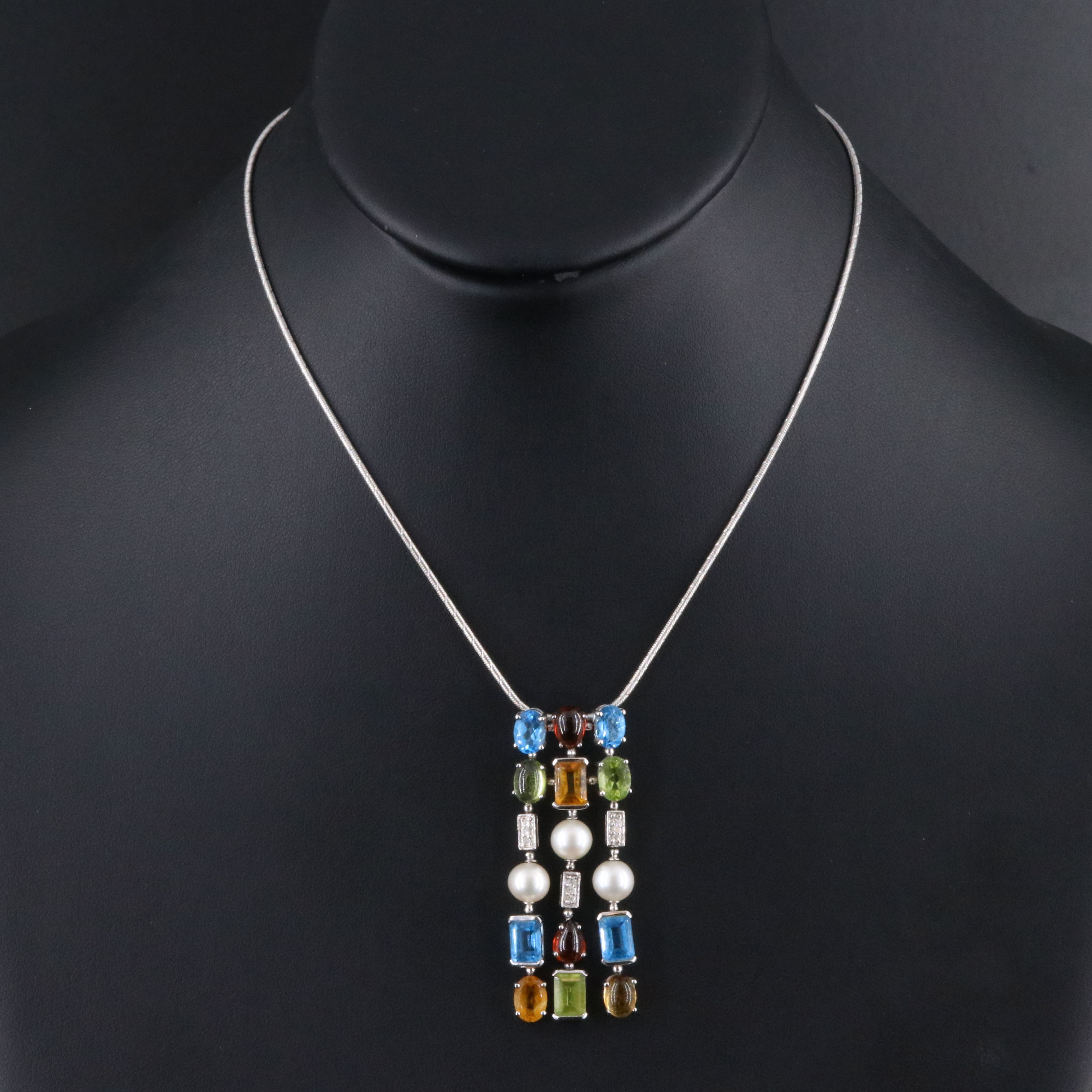 14K Waterfall Pendant Necklace Including Topaz, Peridot, Pearl and Diamond
