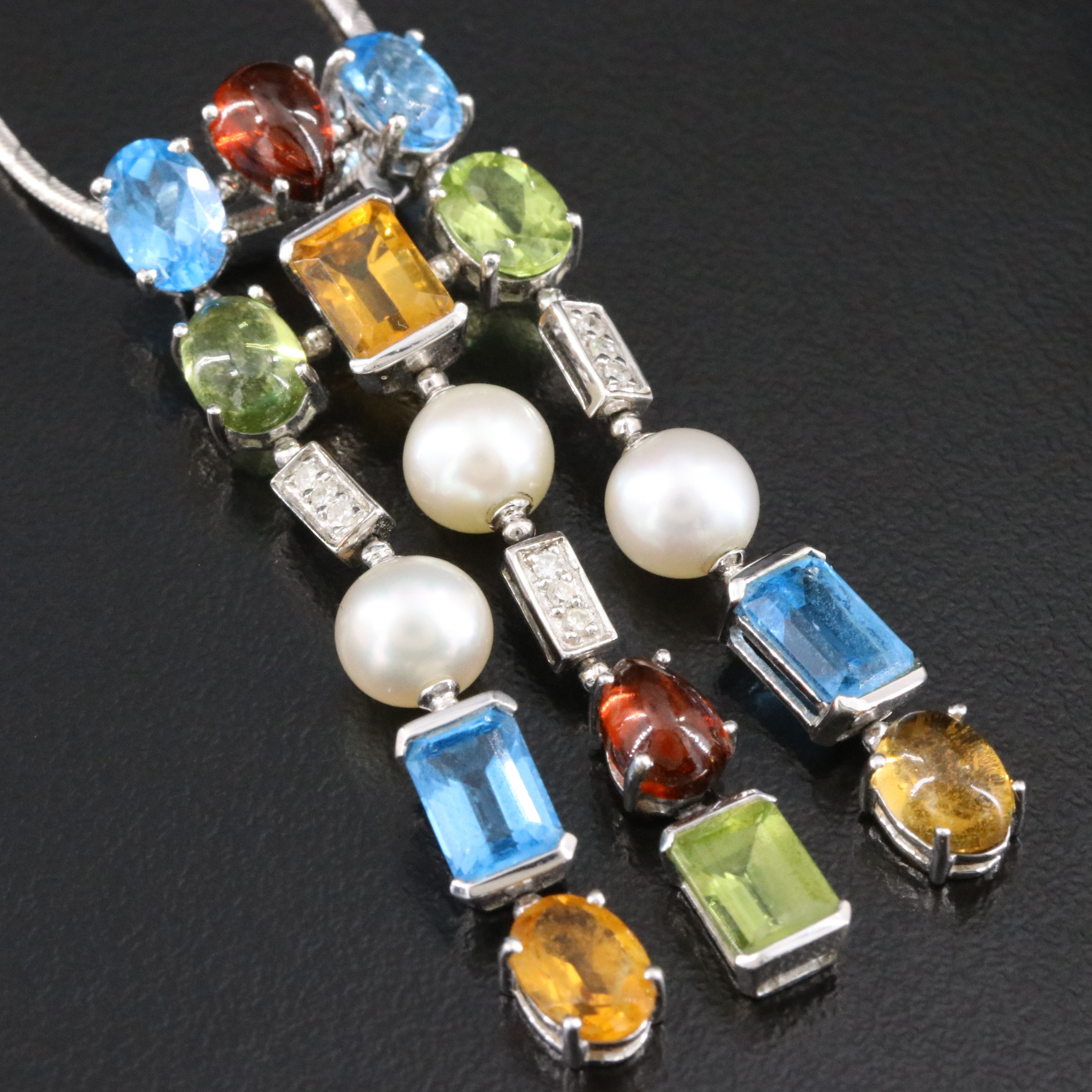 14K Waterfall Pendant Necklace Including Topaz, Peridot, Pearl and Diamond