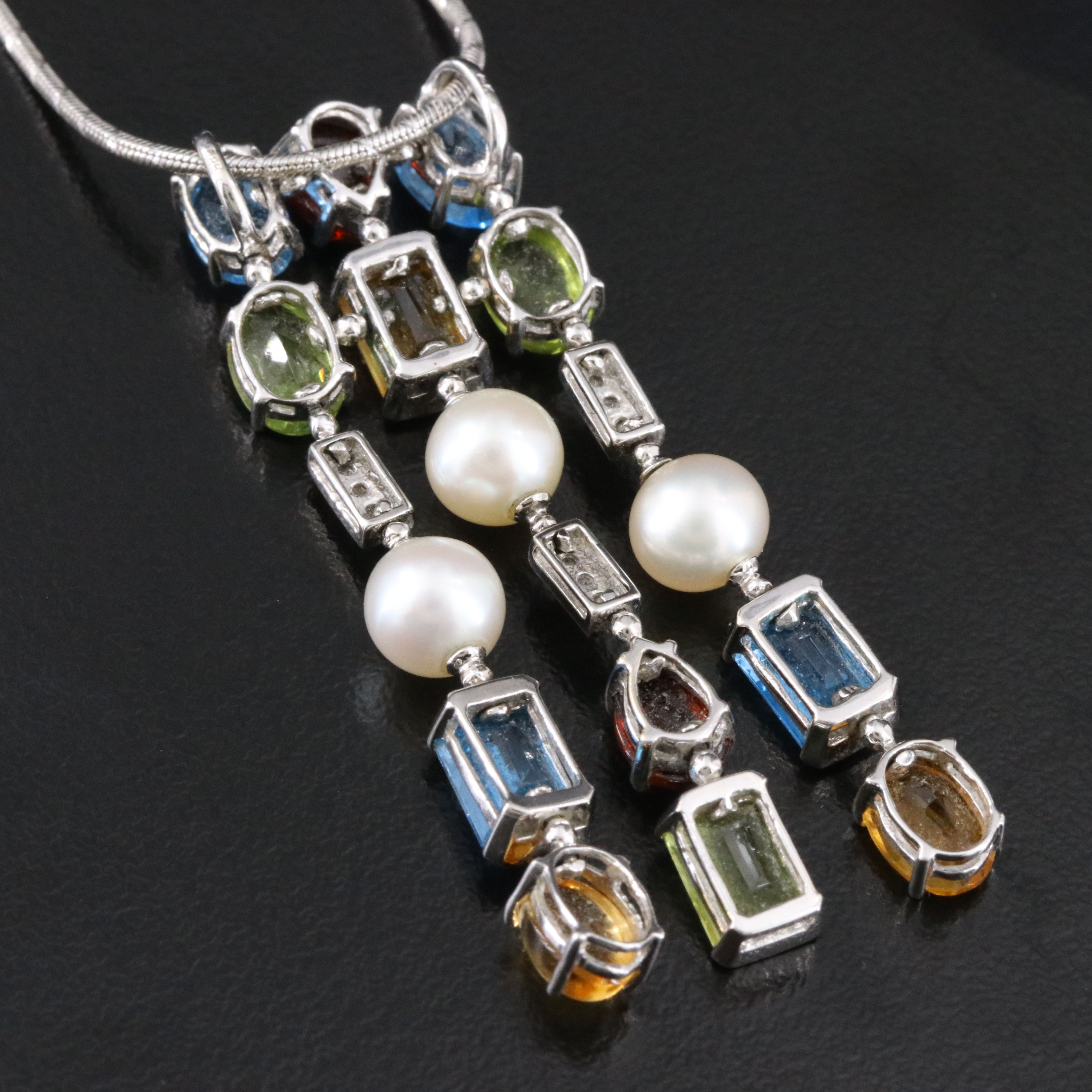 14K Waterfall Pendant Necklace Including Topaz, Peridot, Pearl and Diamond