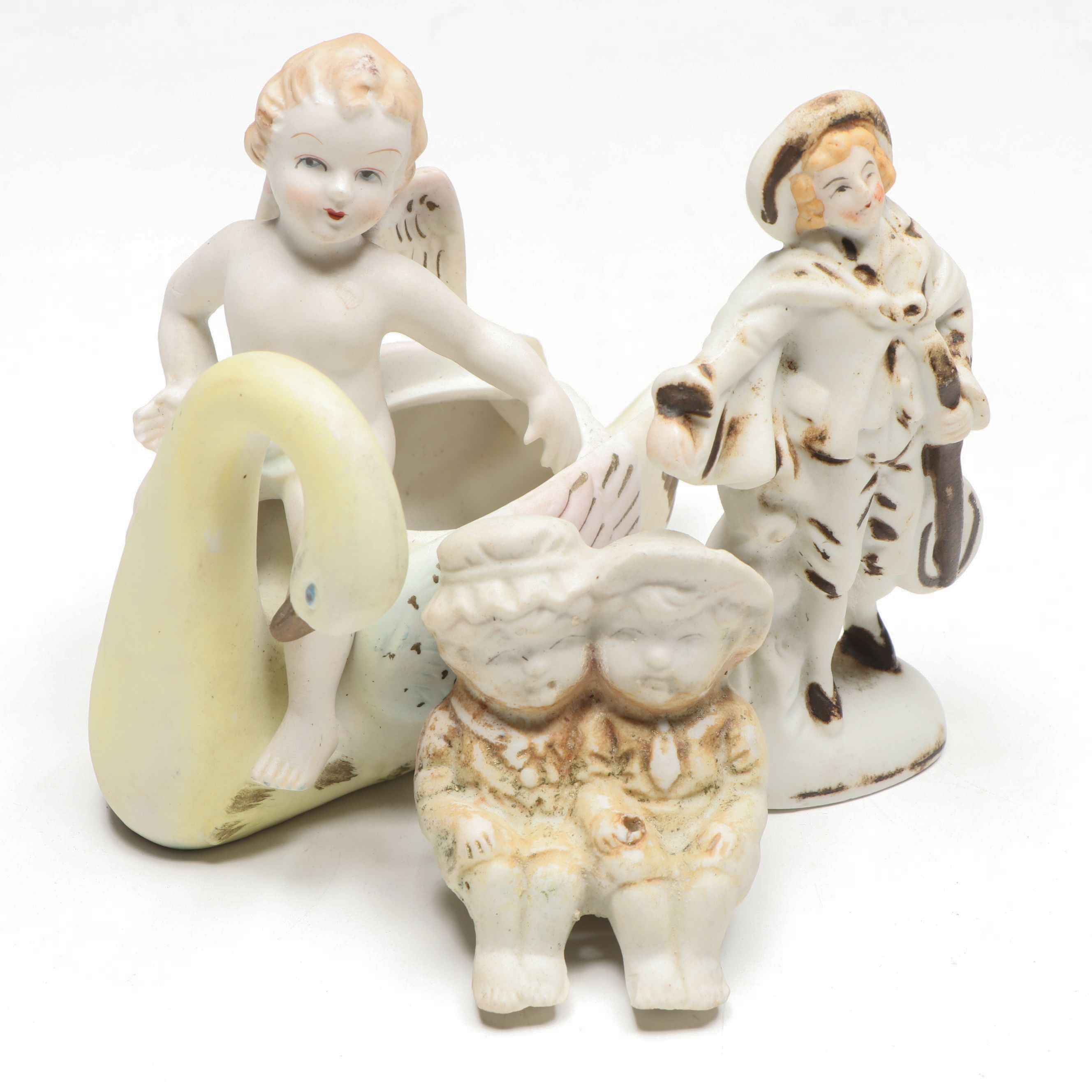 Occupied Japan Era Bisque Porcelain Planter and Figurines , Mid-20th Century