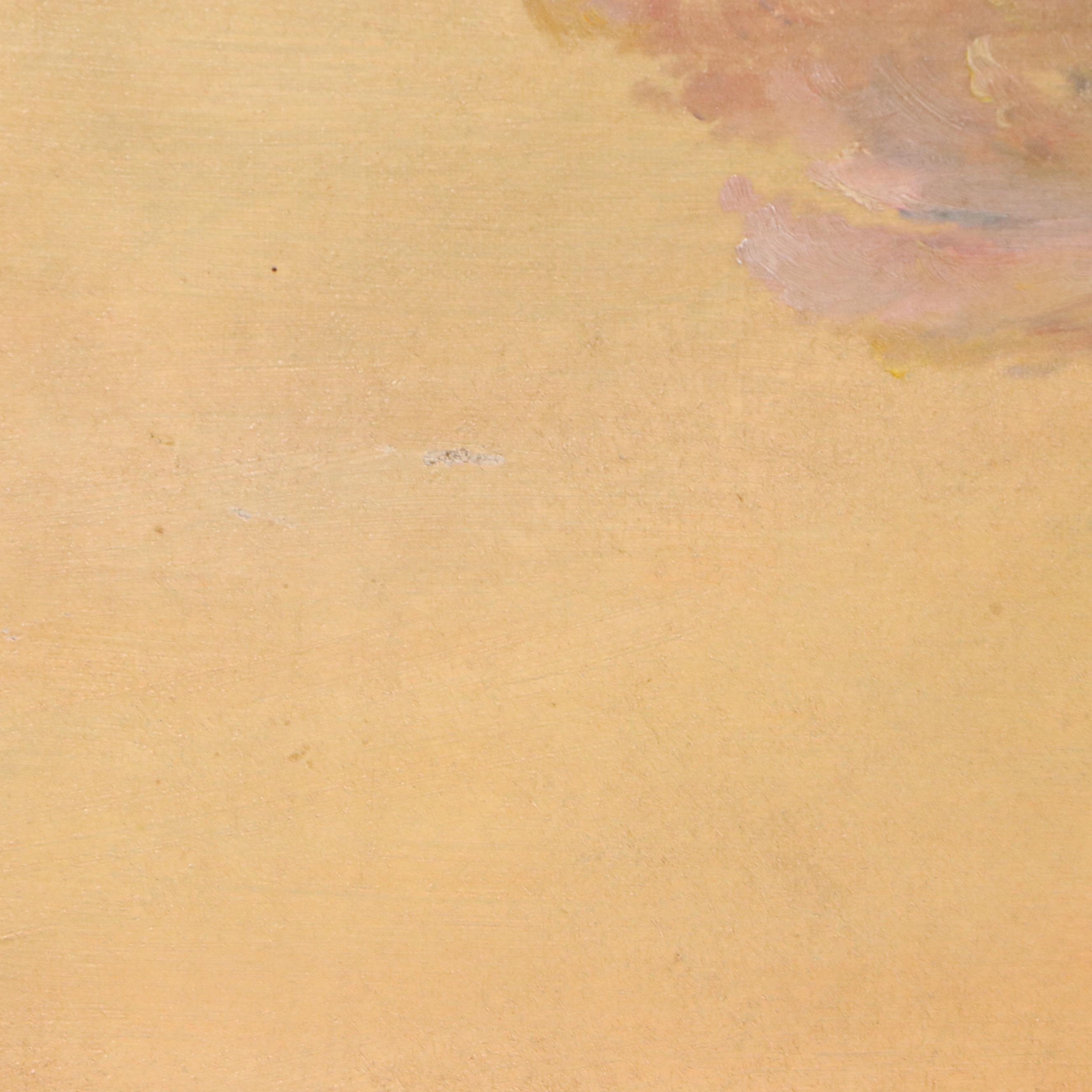 Sunset Landscape Oil Painting of Serene Island in Lake, 20th Century