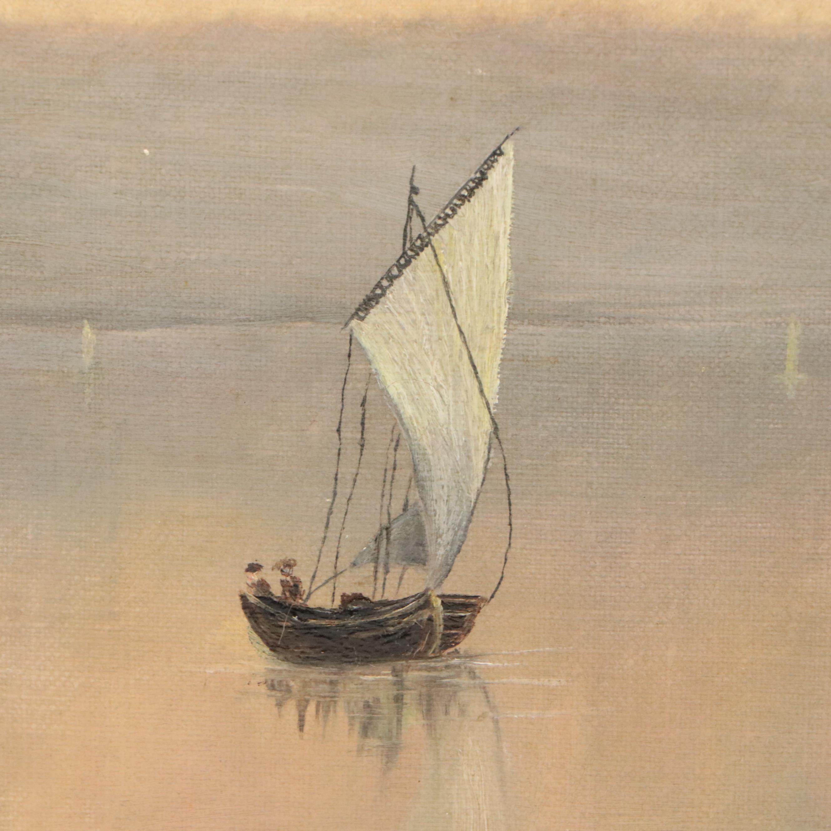 Sunset Landscape Oil Painting of Serene Island in Lake, 20th Century