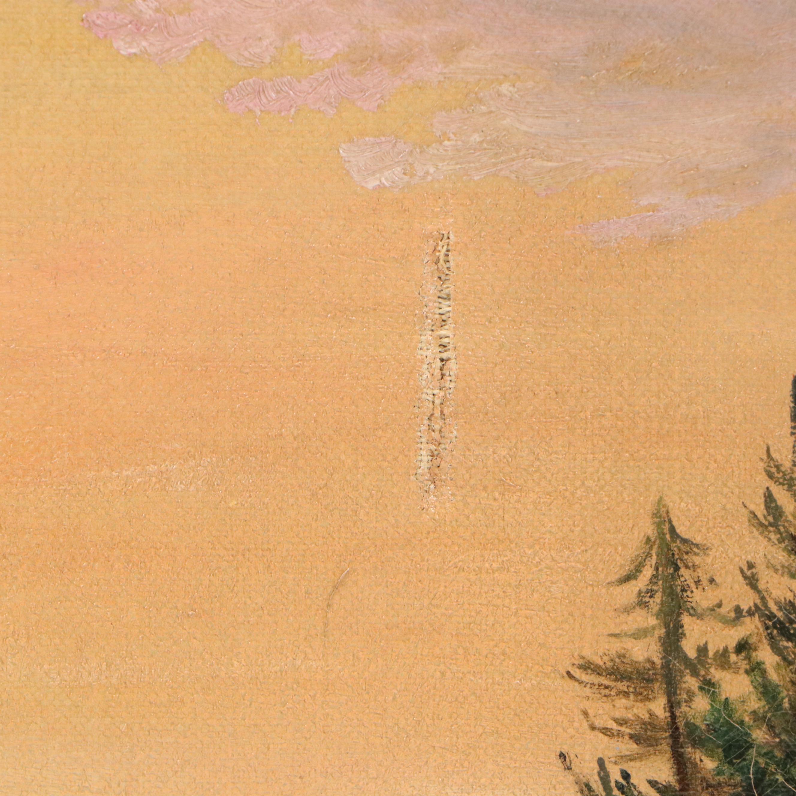 Sunset Landscape Oil Painting of Serene Island in Lake, 20th Century