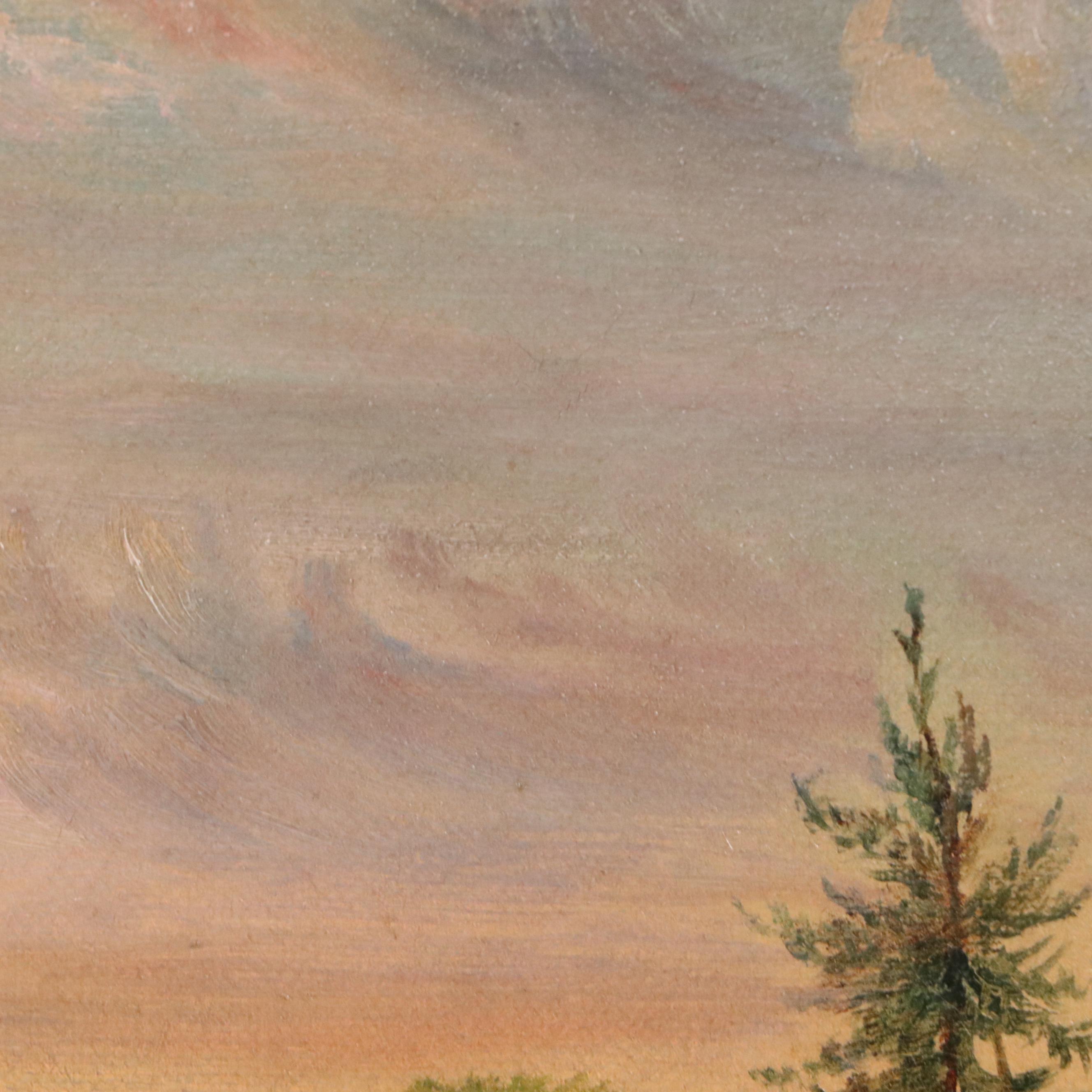 Sunset Landscape Oil Painting of Serene Island in Lake, 20th Century