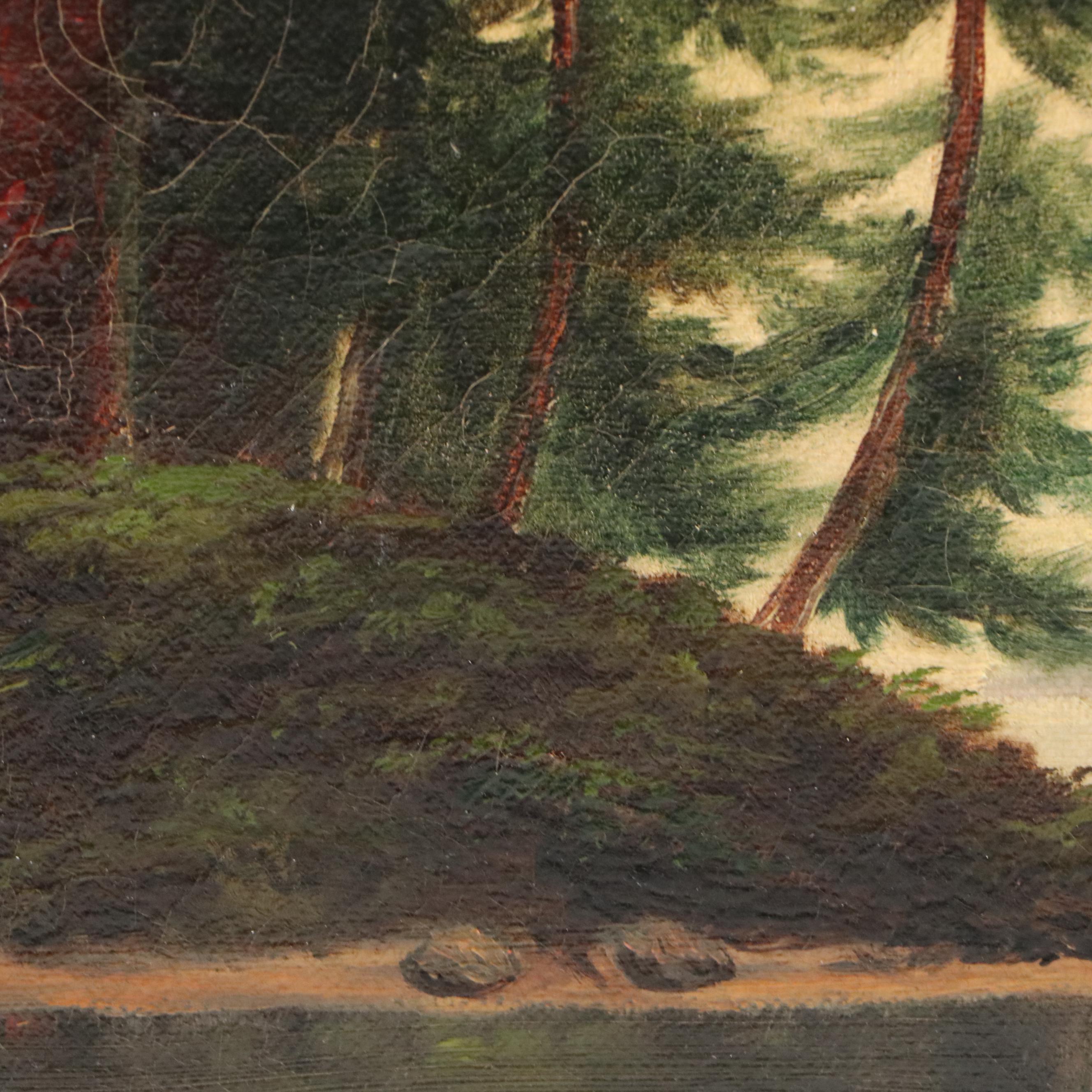 Sunset Landscape Oil Painting of Serene Island in Lake, 20th Century