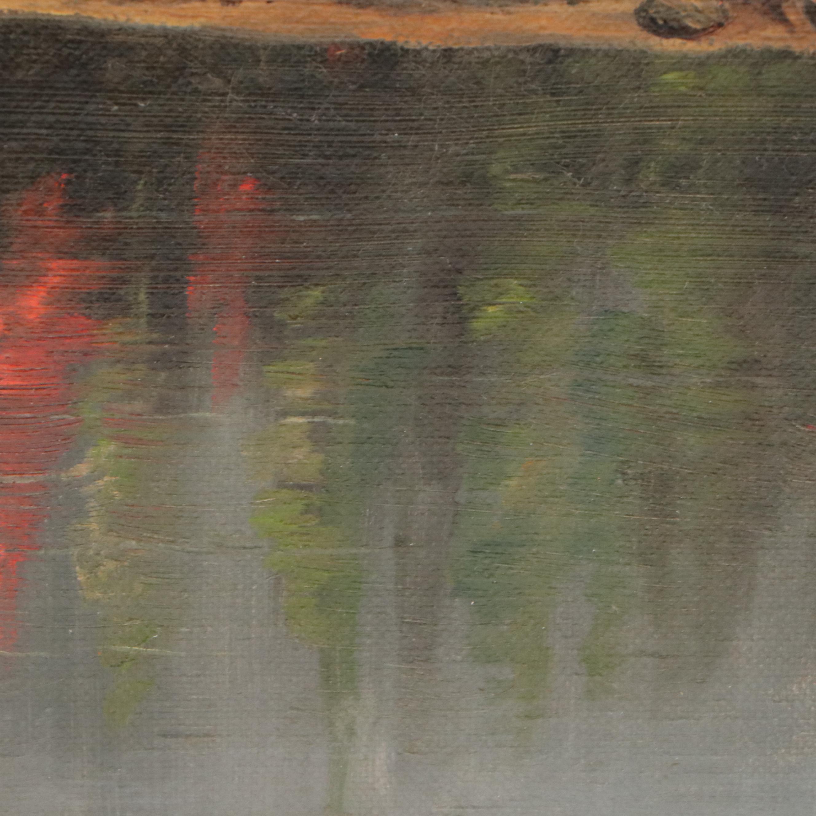 Sunset Landscape Oil Painting of Serene Island in Lake, 20th Century