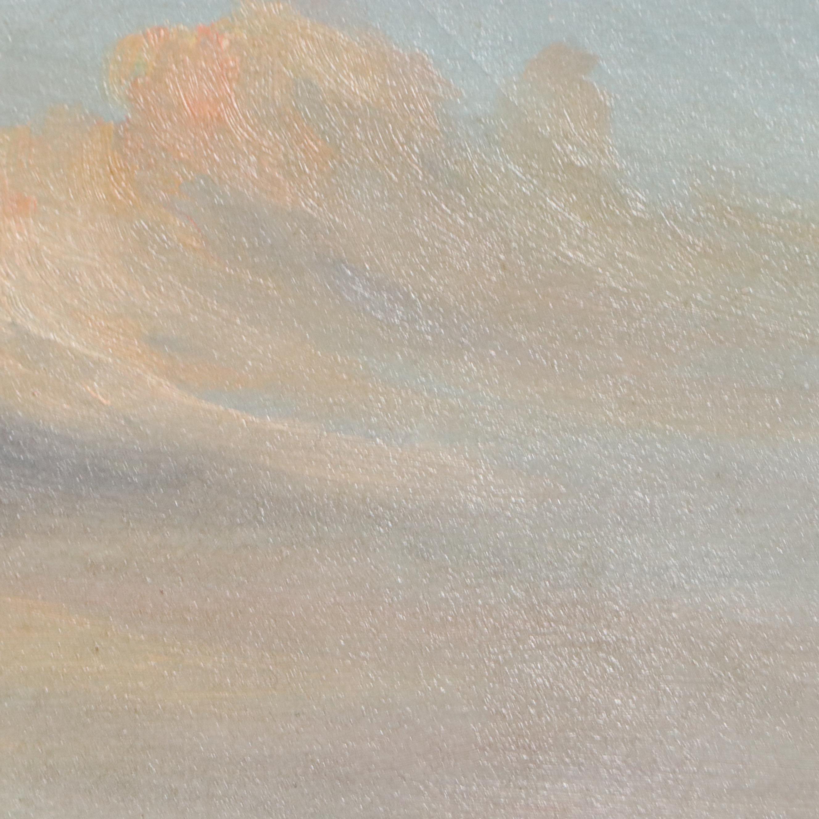 Sunset Landscape Oil Painting of Serene Island in Lake, 20th Century