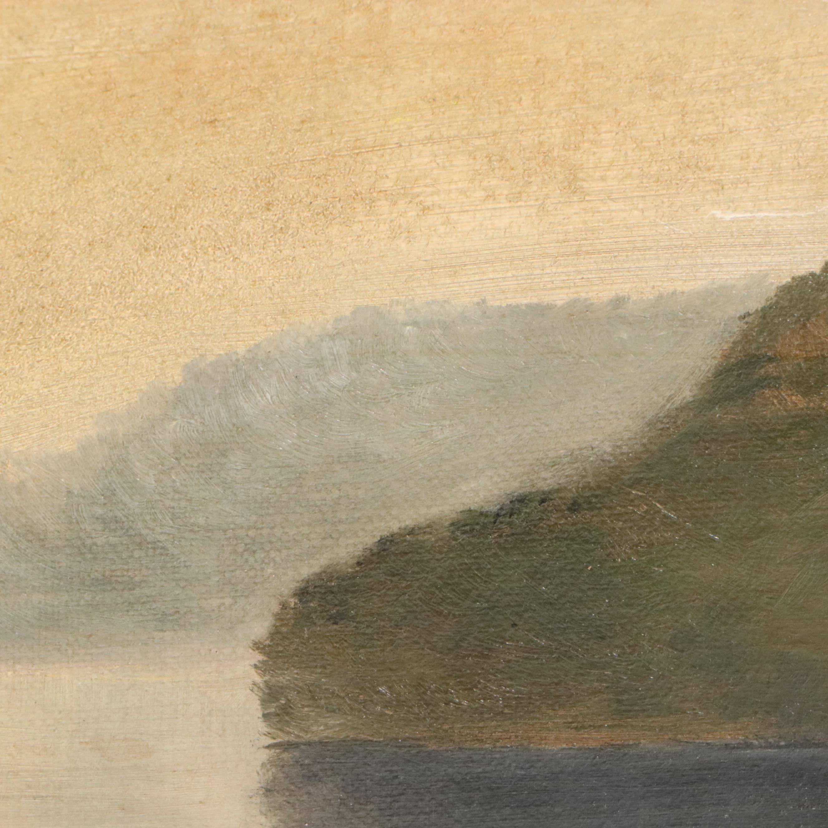 Sunset Landscape Oil Painting of Serene Island in Lake, 20th Century