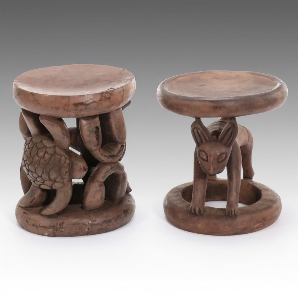 African Bamileke Style Hand-Carved Wooden Souvenir Stools