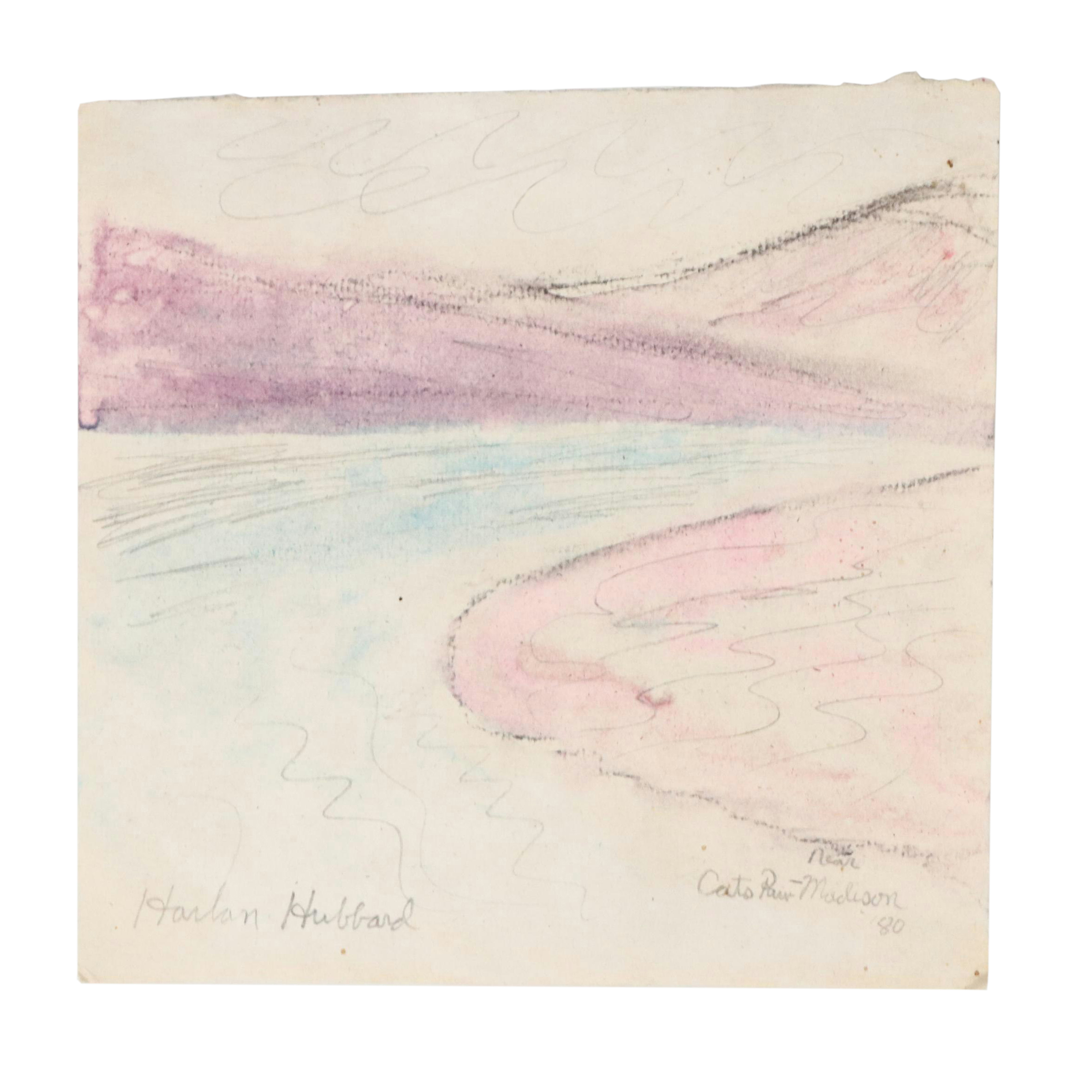 Harlan Hubbard Landscape Mixed Media Drawing "Cats Paw Near Madison," 1980