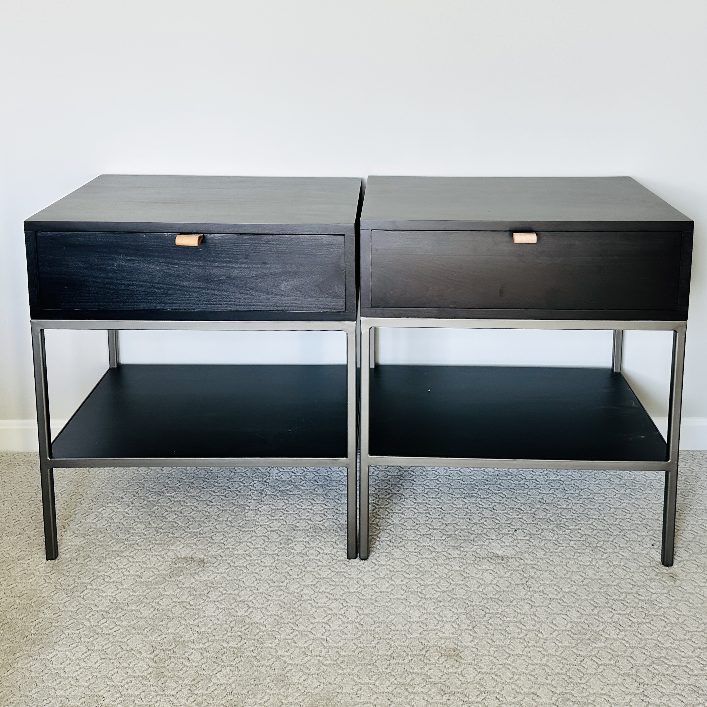 Pair of Four Hands "Trey" Ebonized Wood and Metal Nightstands