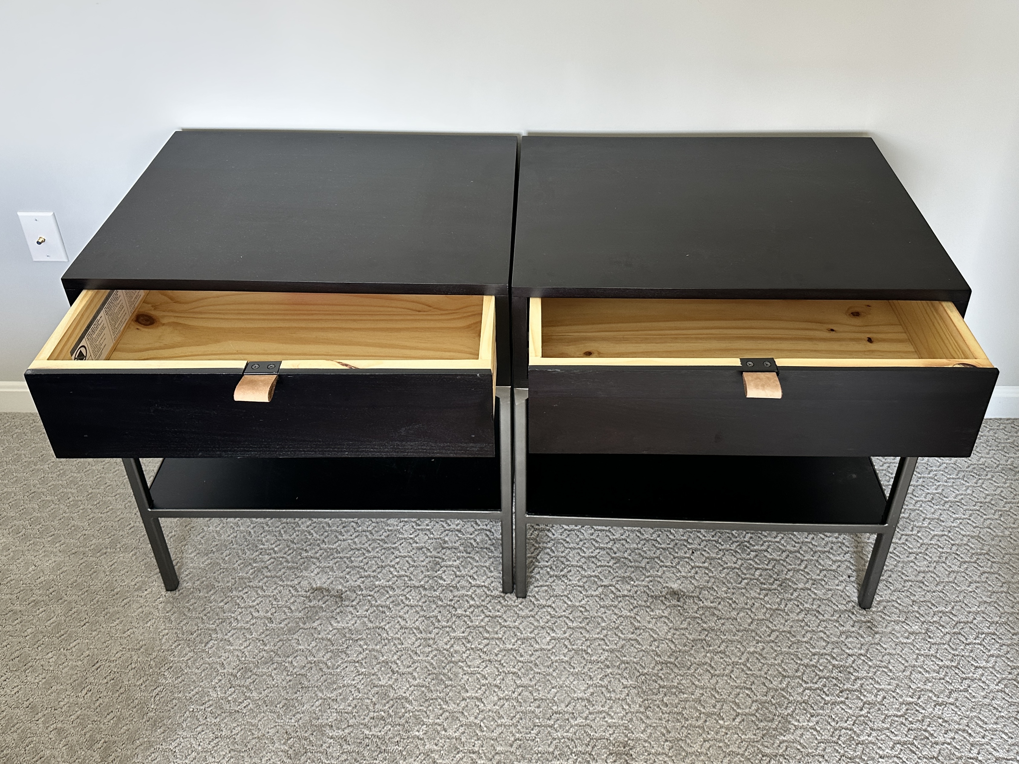 Pair of Four Hands "Trey" Ebonized Wood and Metal Nightstands
