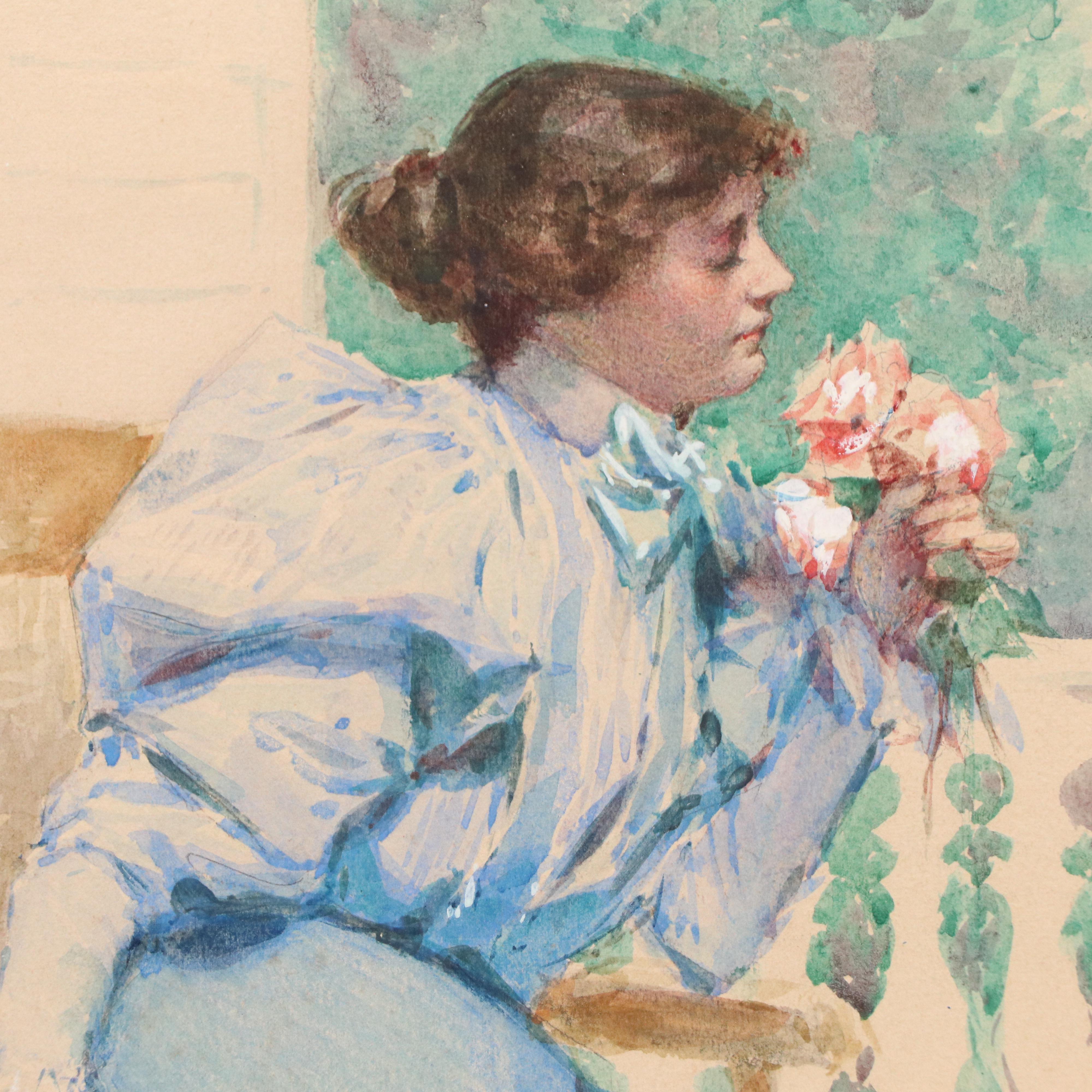 Edward Henry Potthast Watercolor "Bouquet from a Suitor," Circa 1895