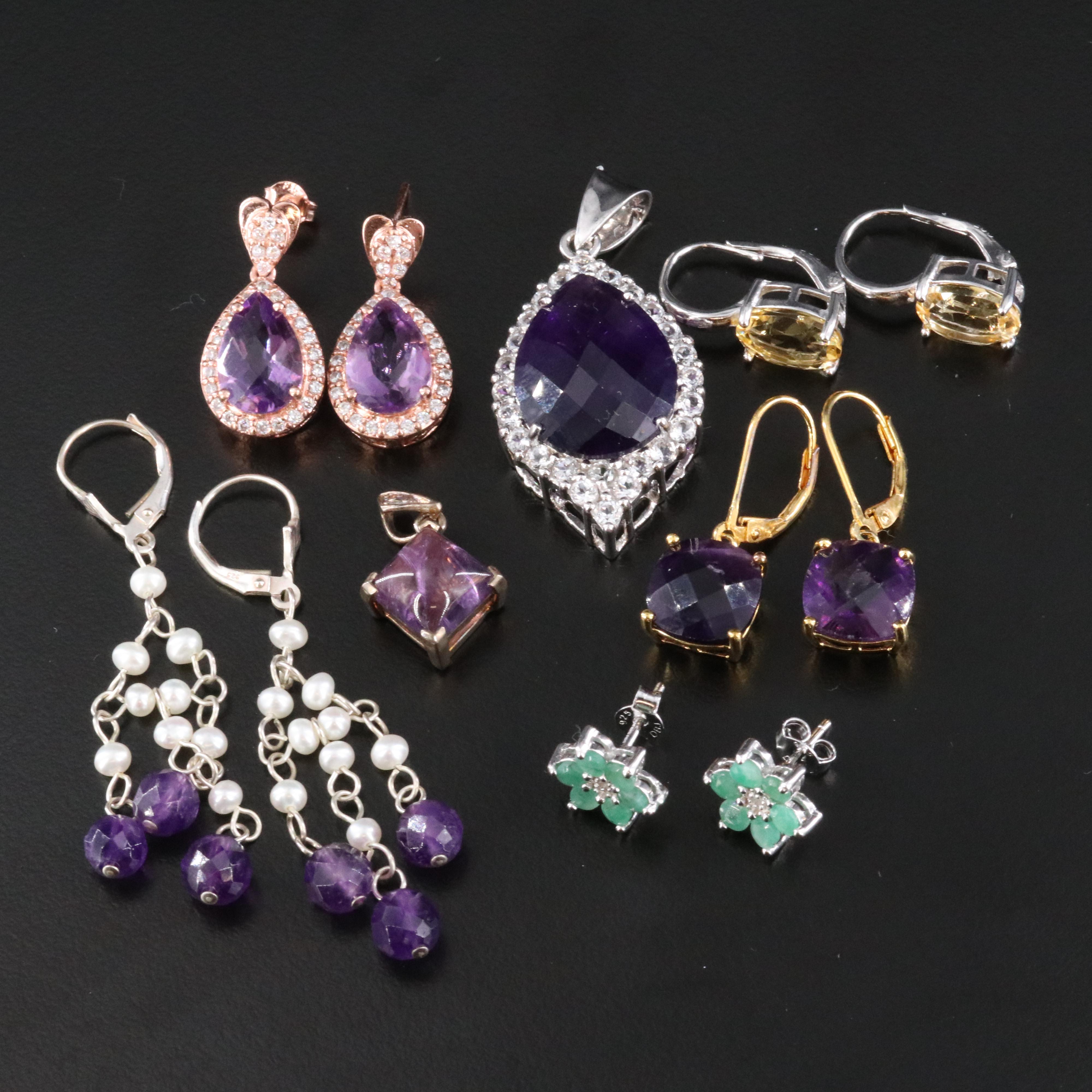 Sterling Amethyst, Emerald and Gemstone Earring and Pendant Collection