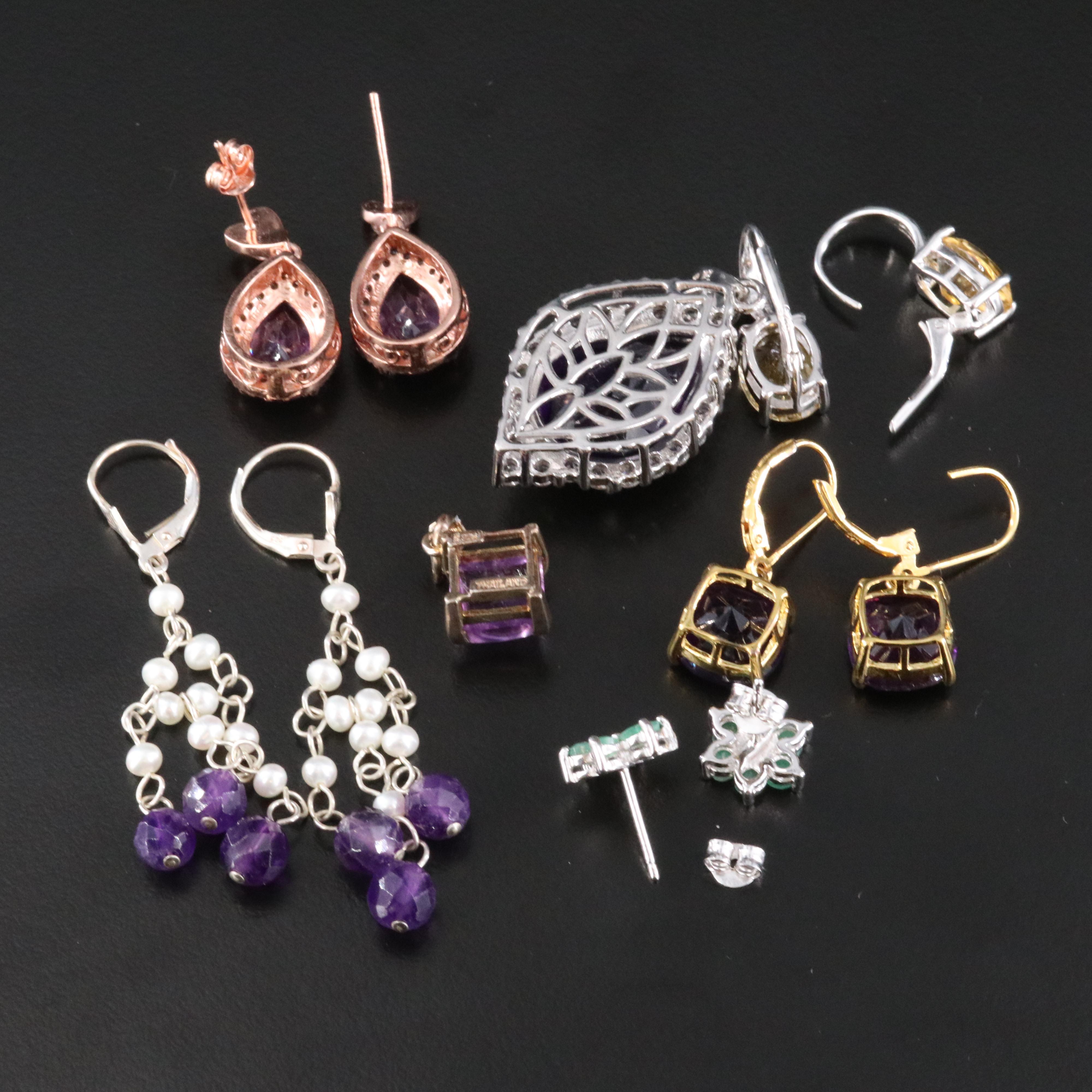 Sterling Amethyst, Emerald and Gemstone Earring and Pendant Collection