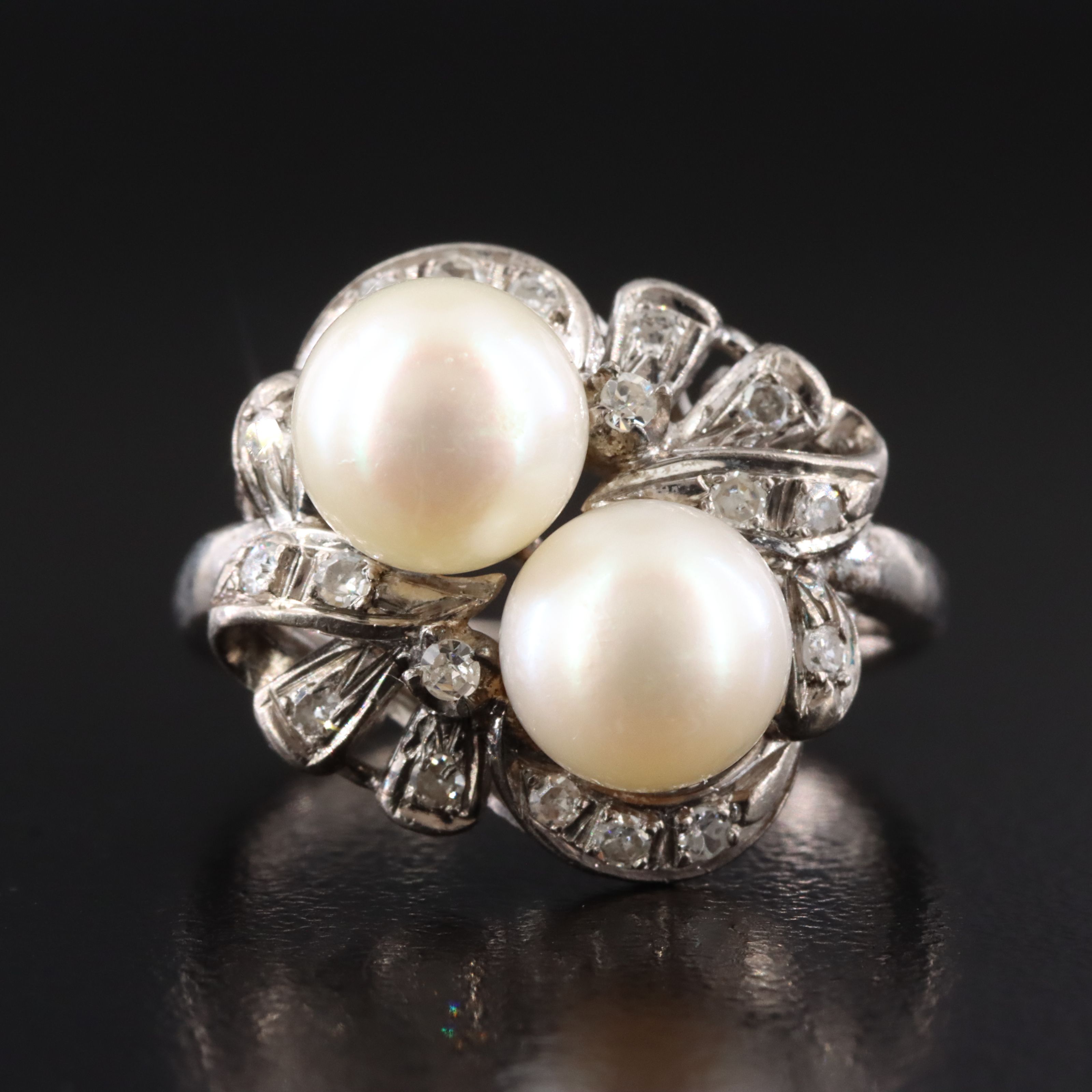 Silver Gold Palladium Pearl and Diamond Ring
