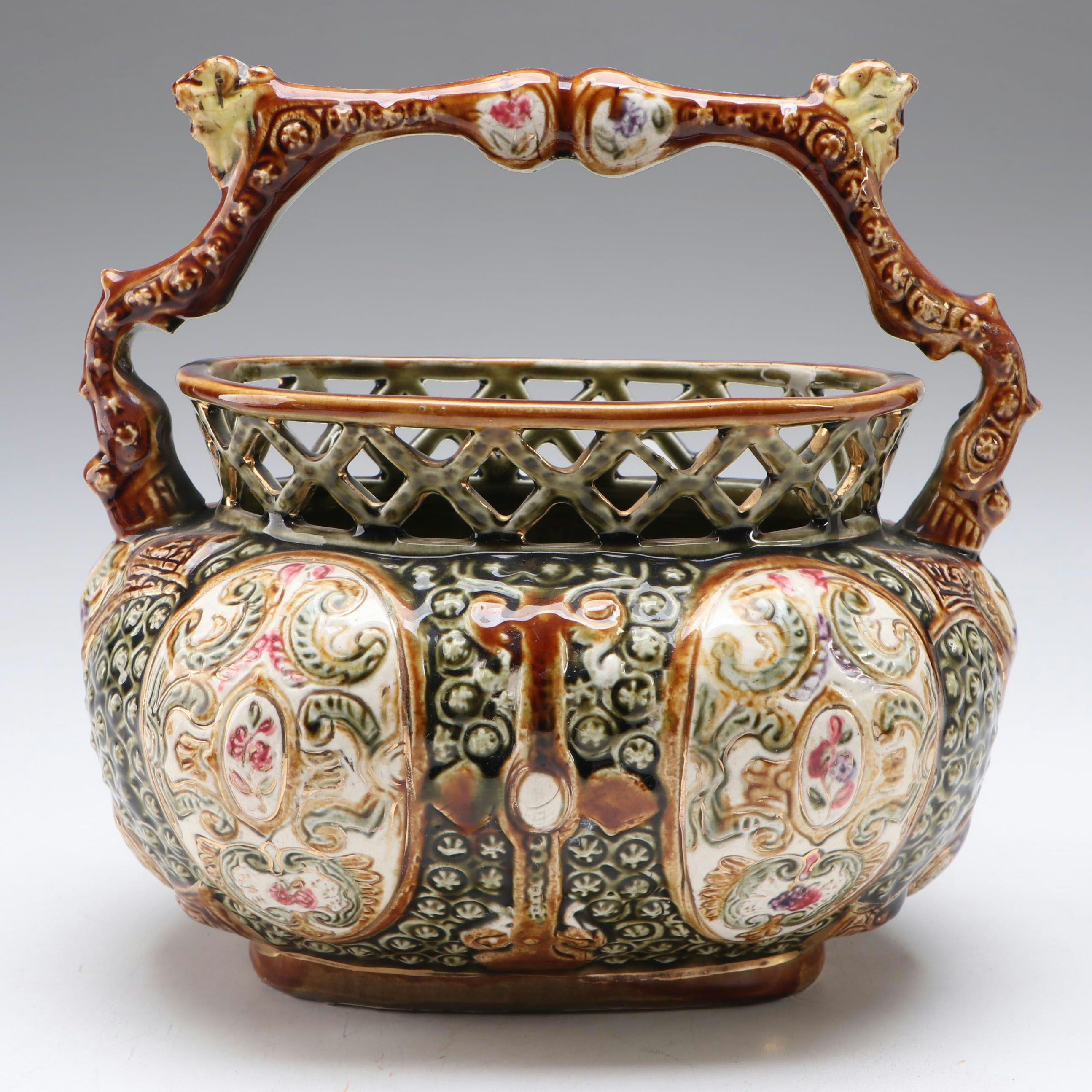 Alhambrian Majolica Hand-Painted Ceramic Basket