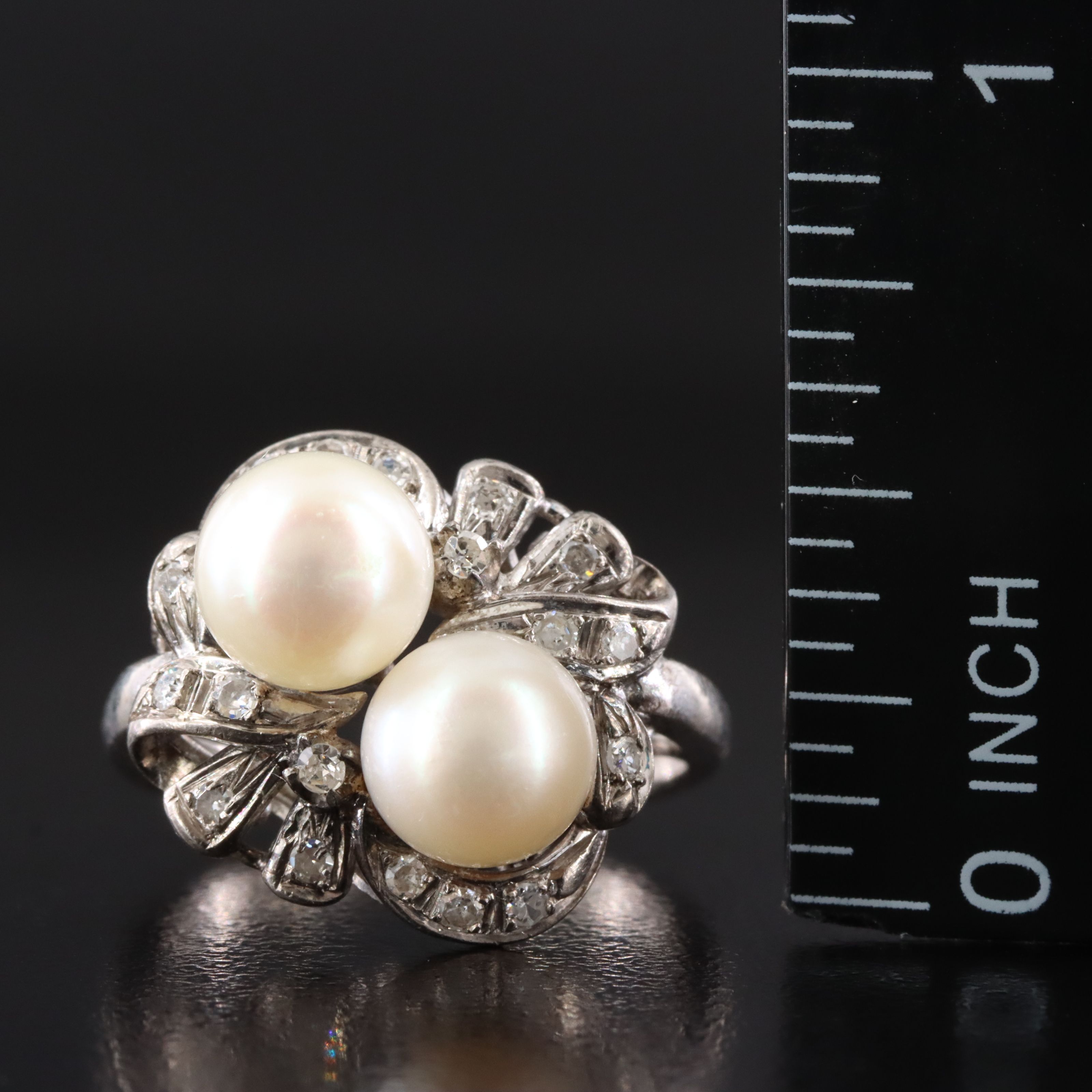 Silver Gold Palladium Pearl and Diamond Ring