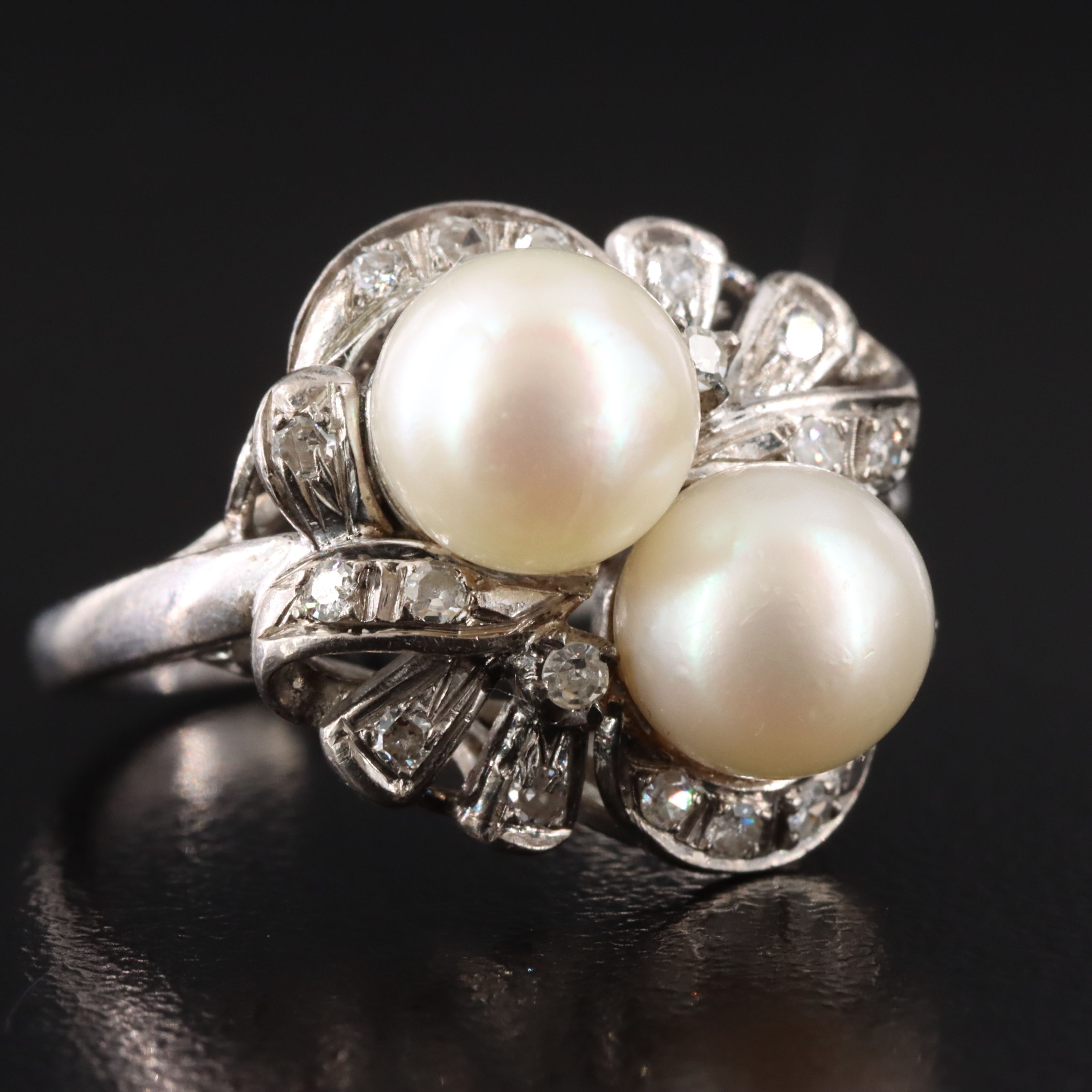 Silver Gold Palladium Pearl and Diamond Ring