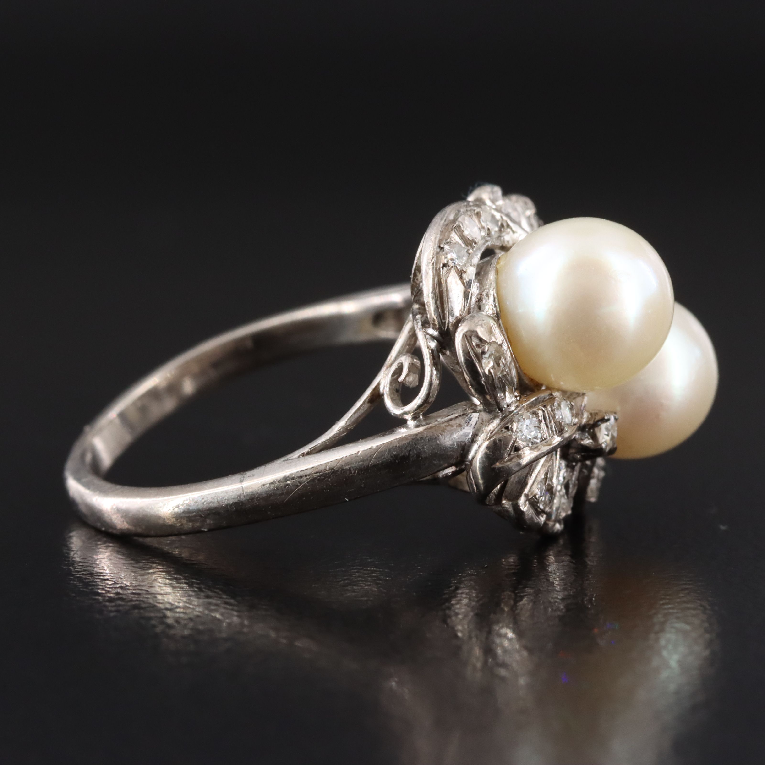 Silver Gold Palladium Pearl and Diamond Ring