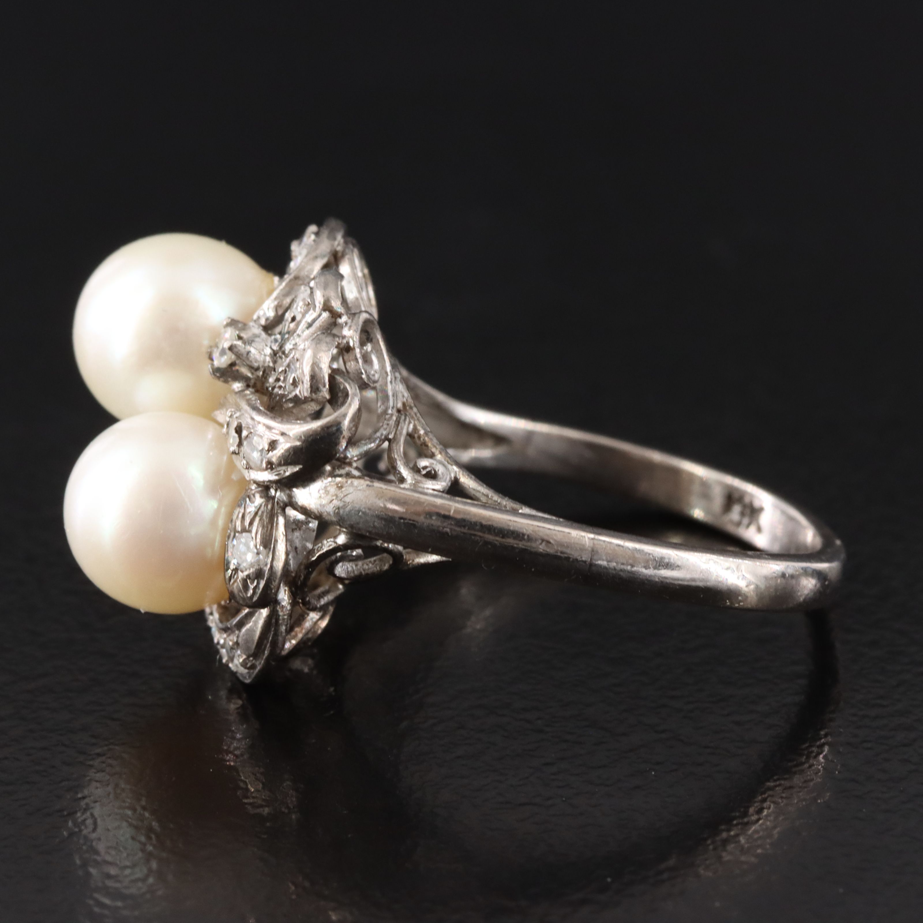 Silver Gold Palladium Pearl and Diamond Ring