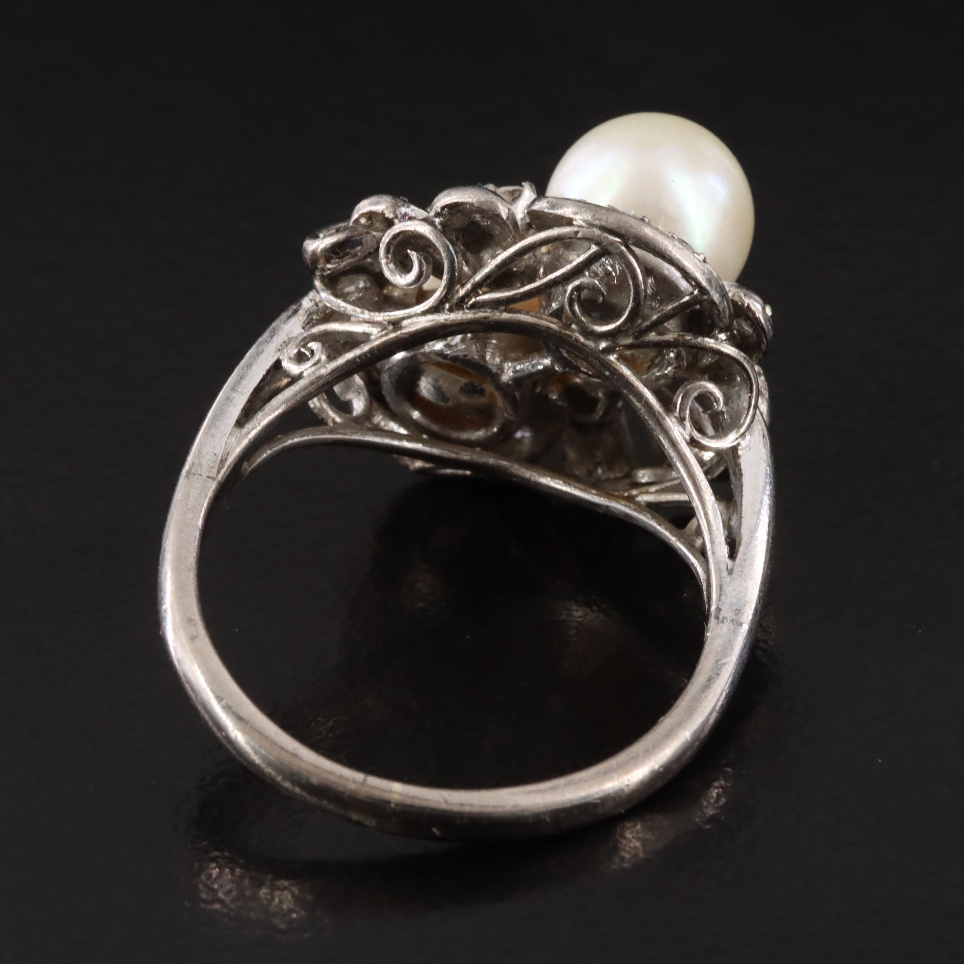 Silver Gold Palladium Pearl and Diamond Ring