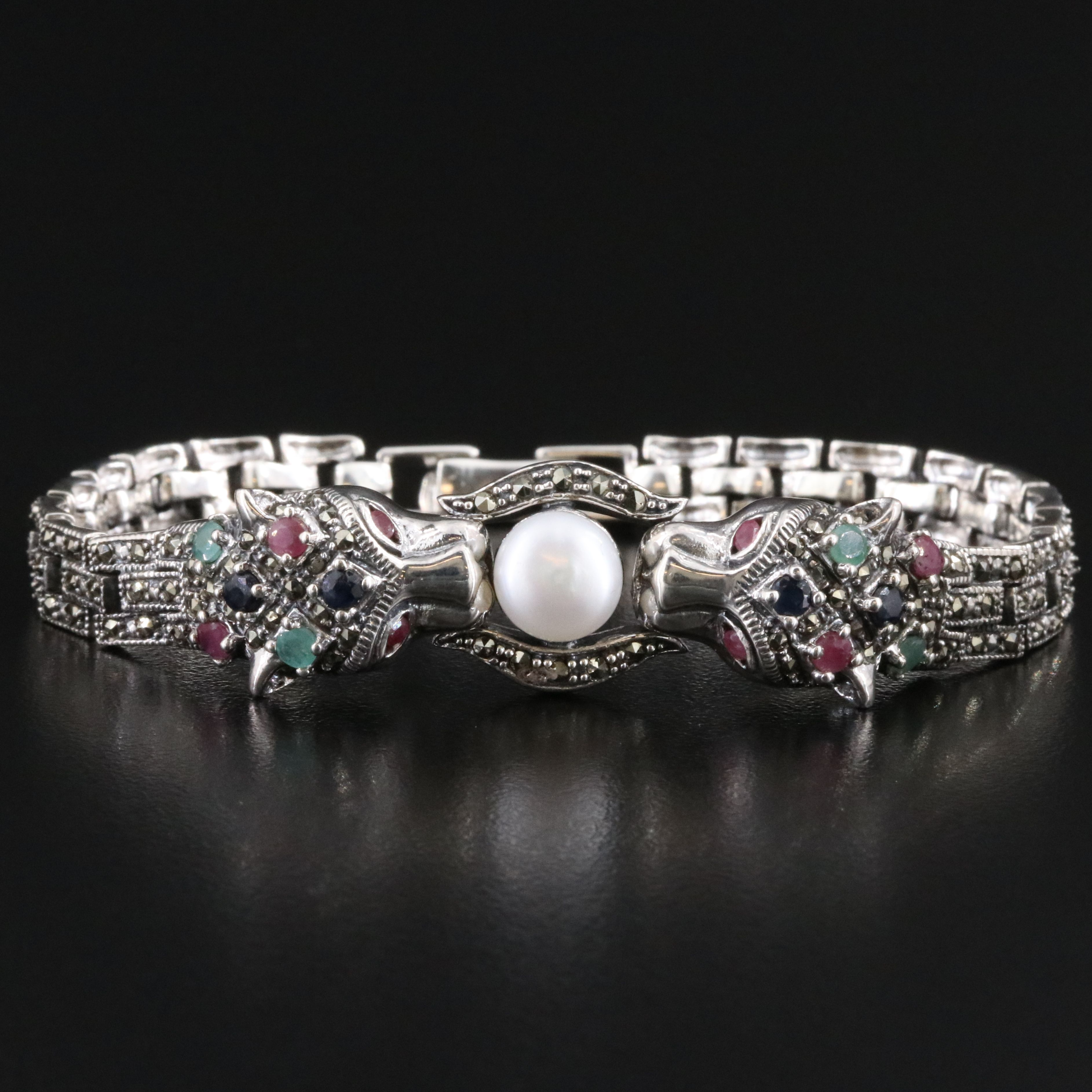 Sterling Pearl and Gemstone Jaguar Doorknocker Bracelet
