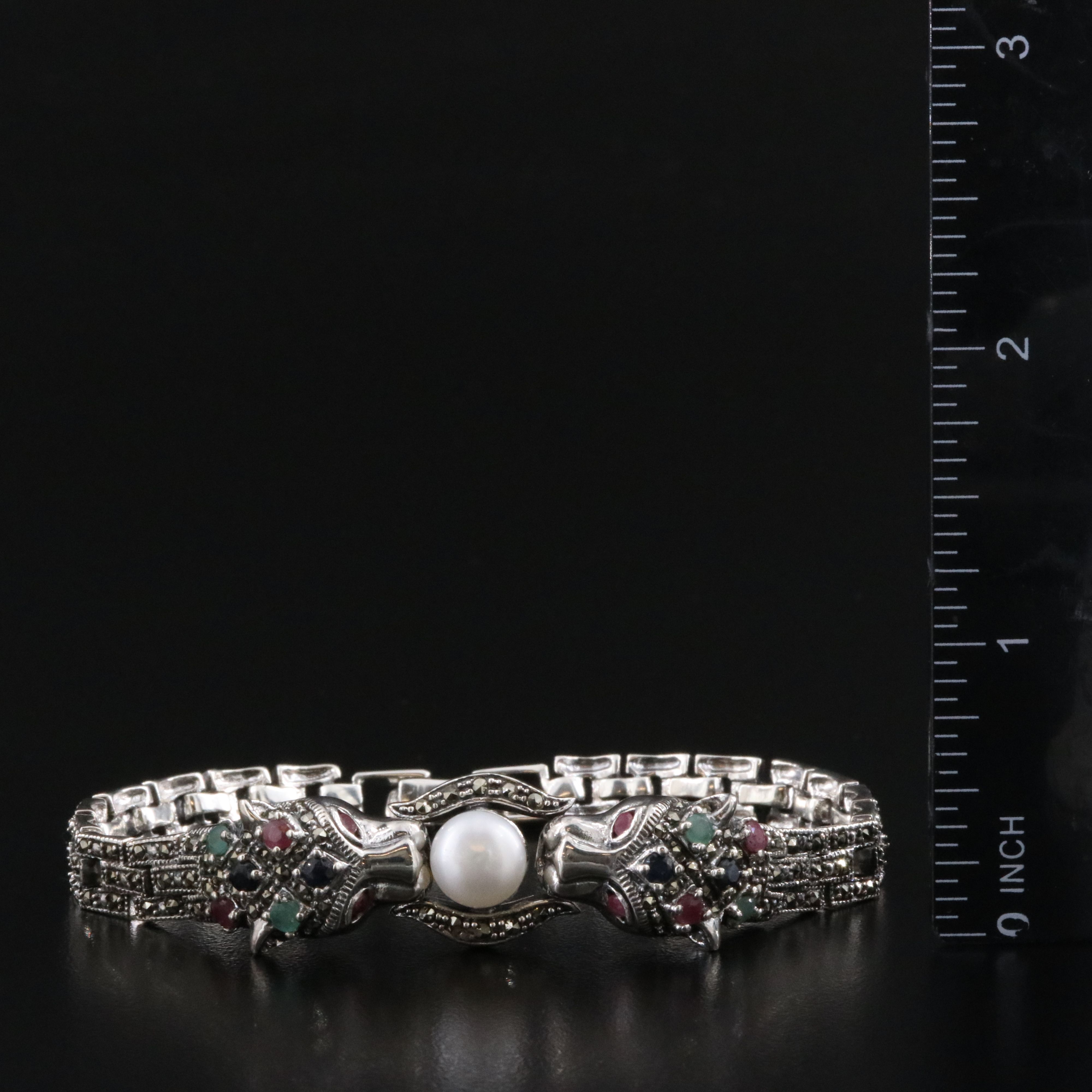 Sterling Pearl and Gemstone Jaguar Doorknocker Bracelet