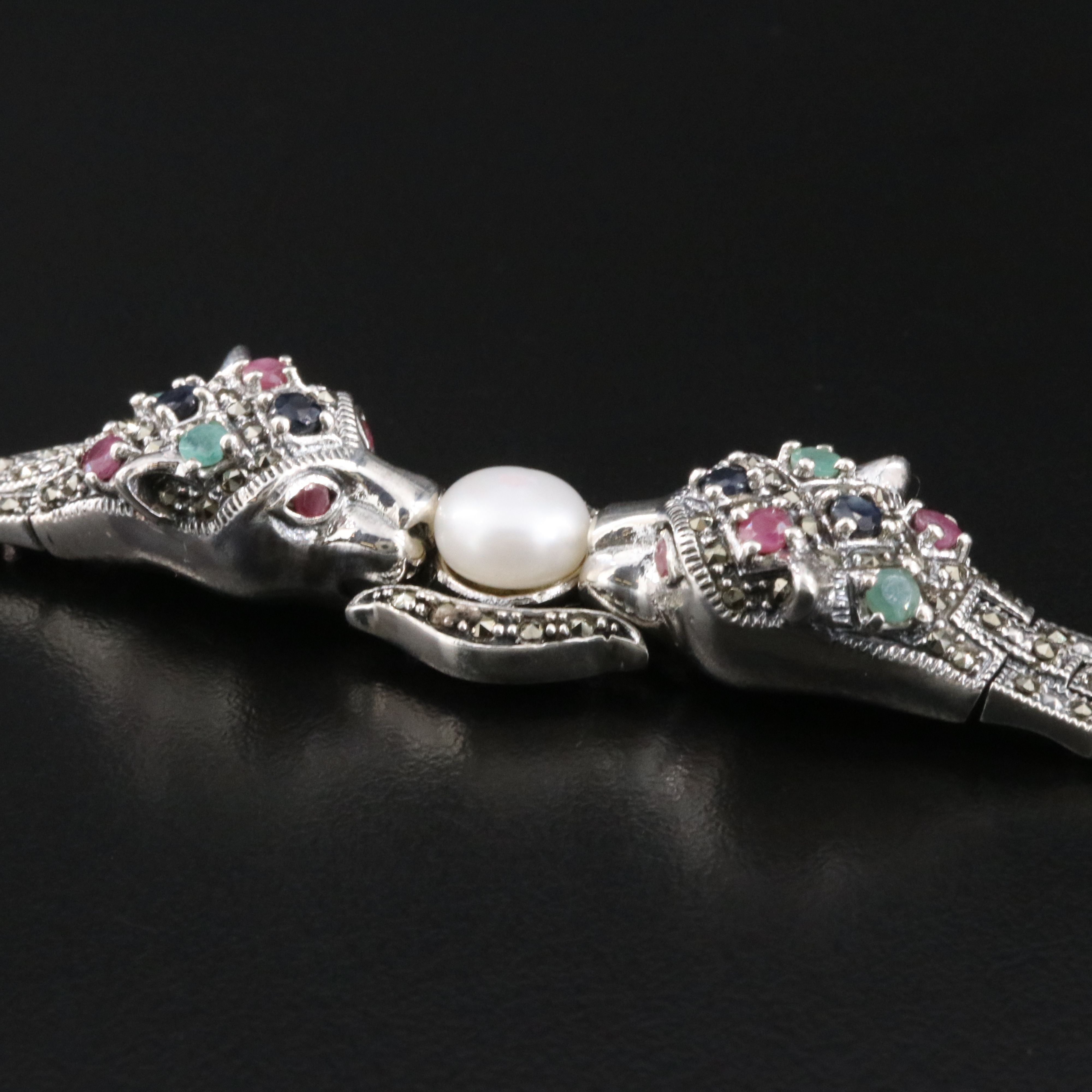 Sterling Pearl and Gemstone Jaguar Doorknocker Bracelet