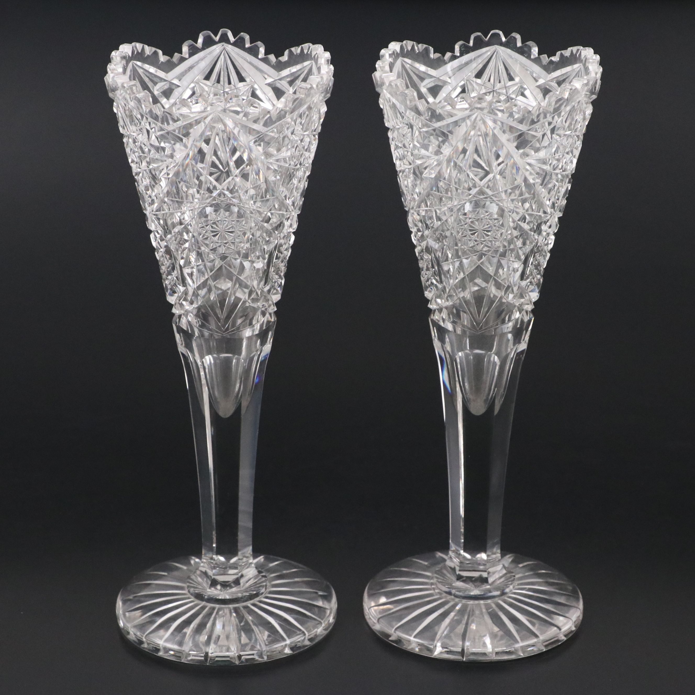 Pair of American Brilliant Style Cut Glass Trumpet Vases