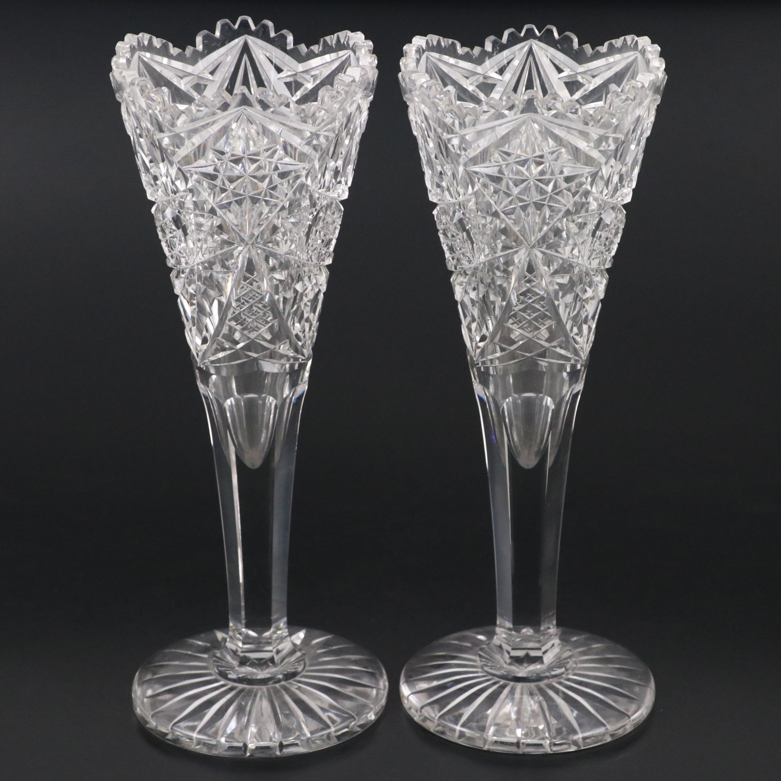 Pair of American Brilliant Style Cut Glass Trumpet Vases