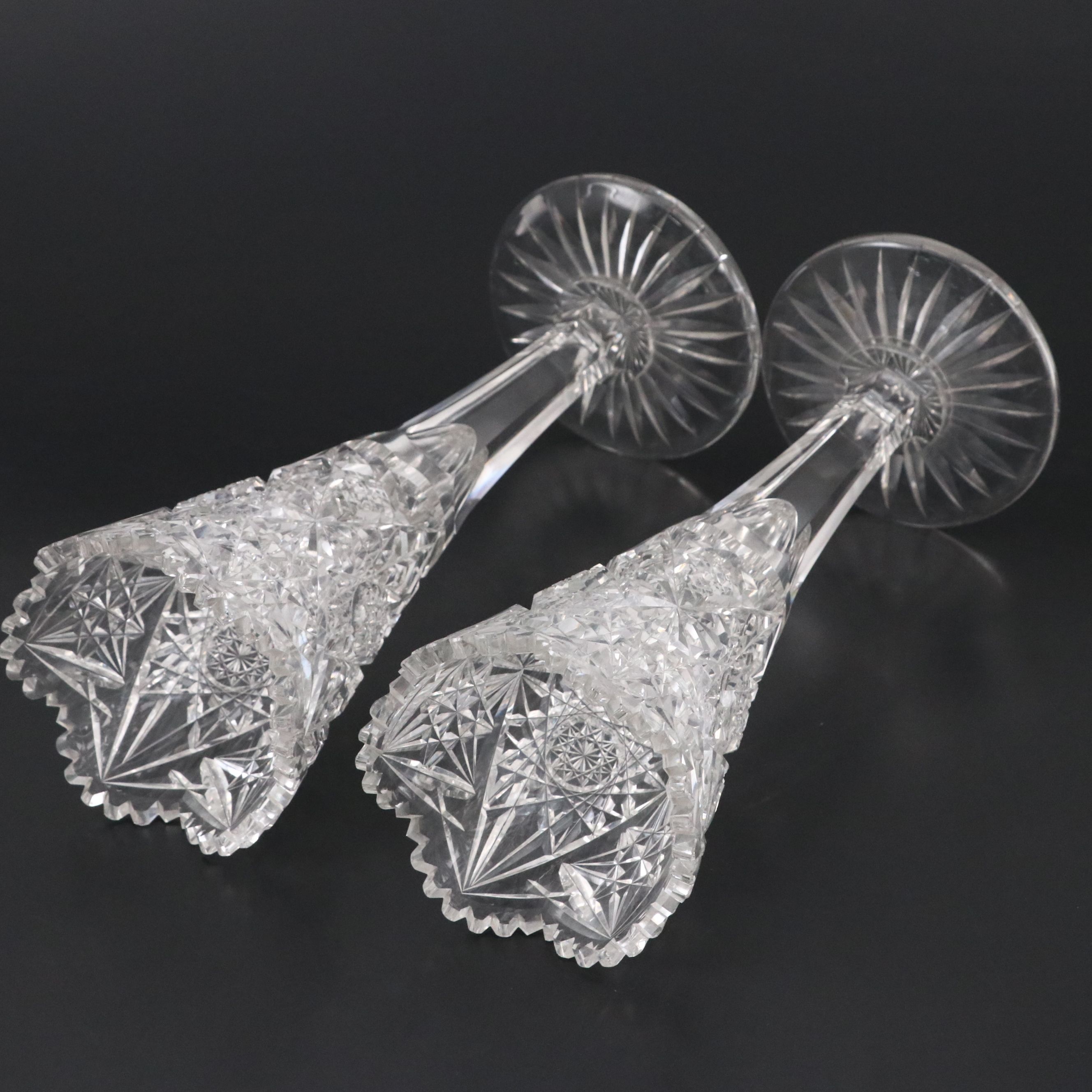 Pair of American Brilliant Style Cut Glass Trumpet Vases