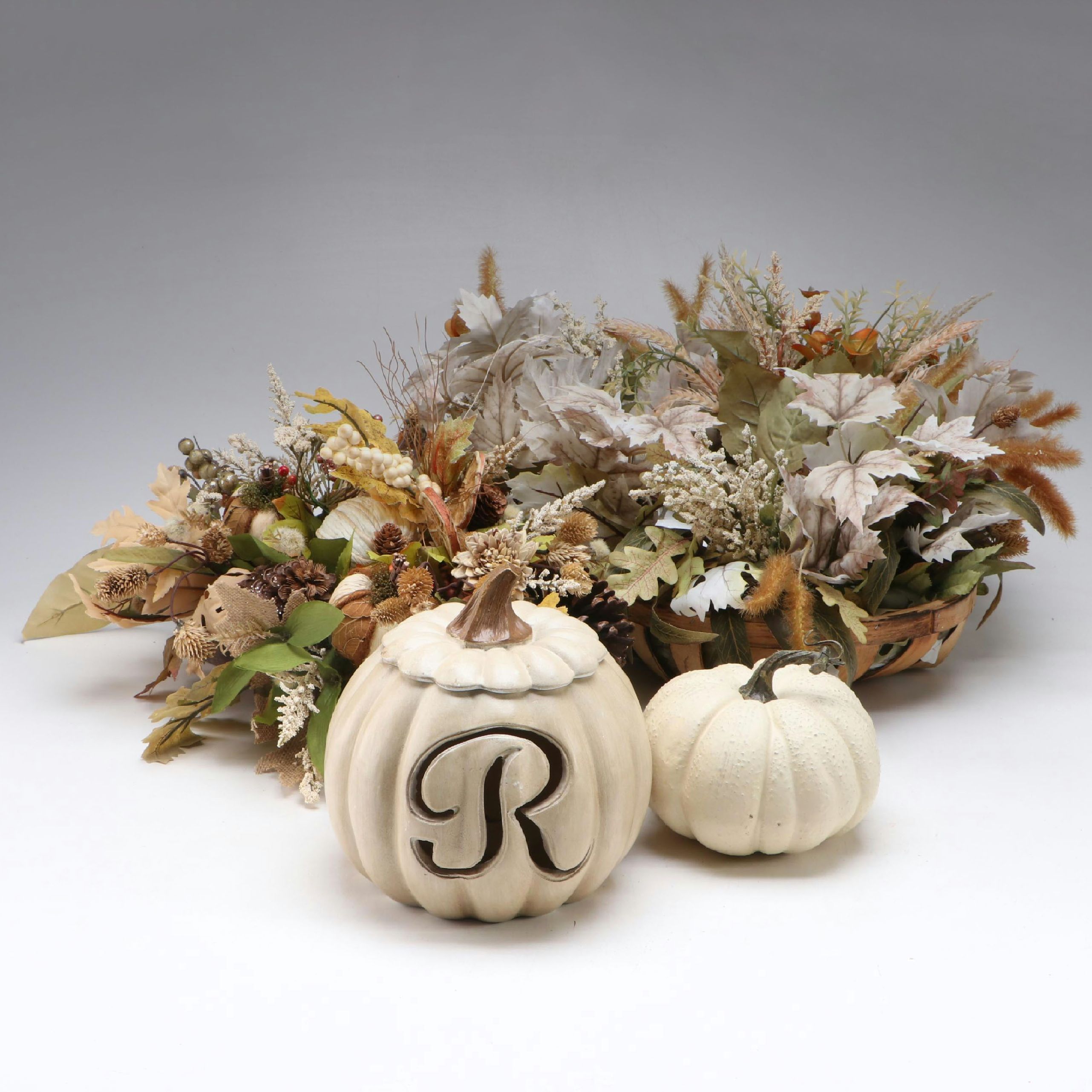 Artificial White Pumpkins with Other Fall Centerpieces