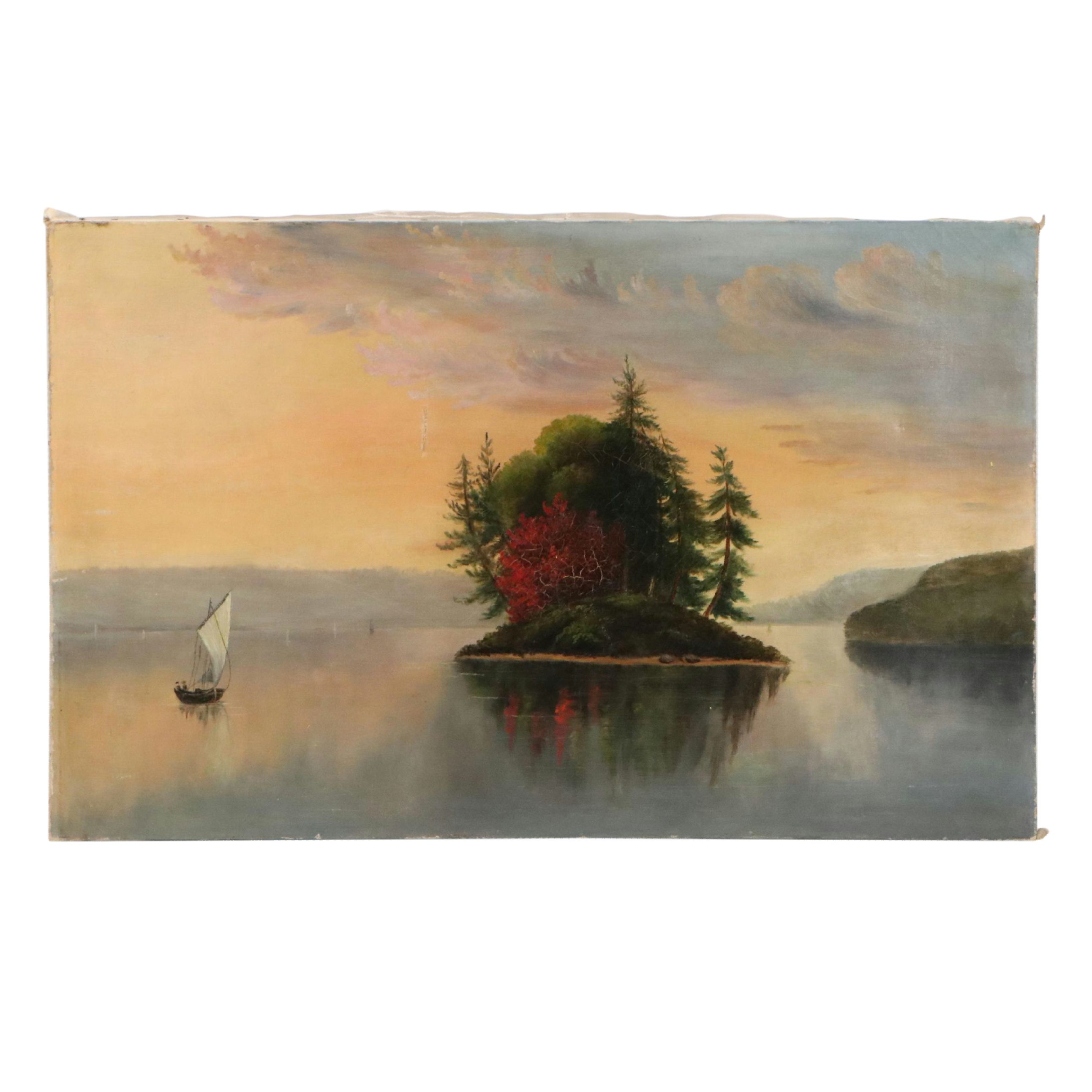 Sunset Landscape Oil Painting of Serene Island in Lake, 20th Century