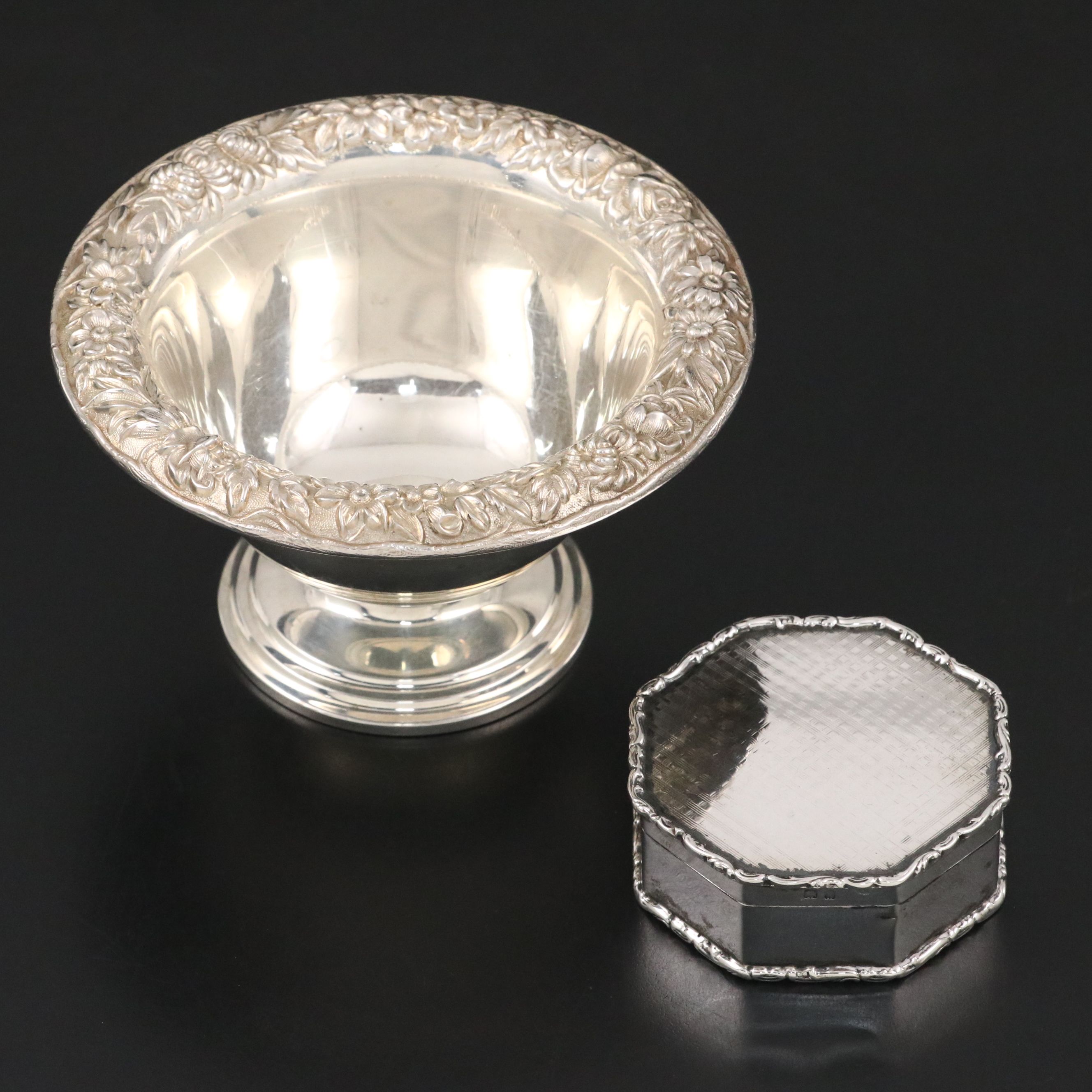 S. Kirk & Son Repoussé Sterling Silver Pedestal Bowl with English Sterling Box