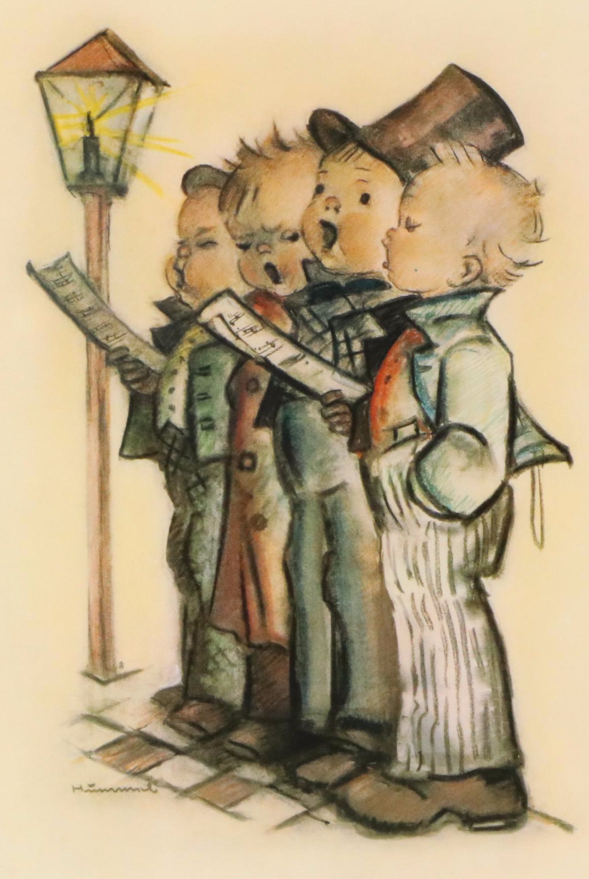 After M.I. Hummel Offset Lithographs of Caroling Boys and Little Girls Embracing