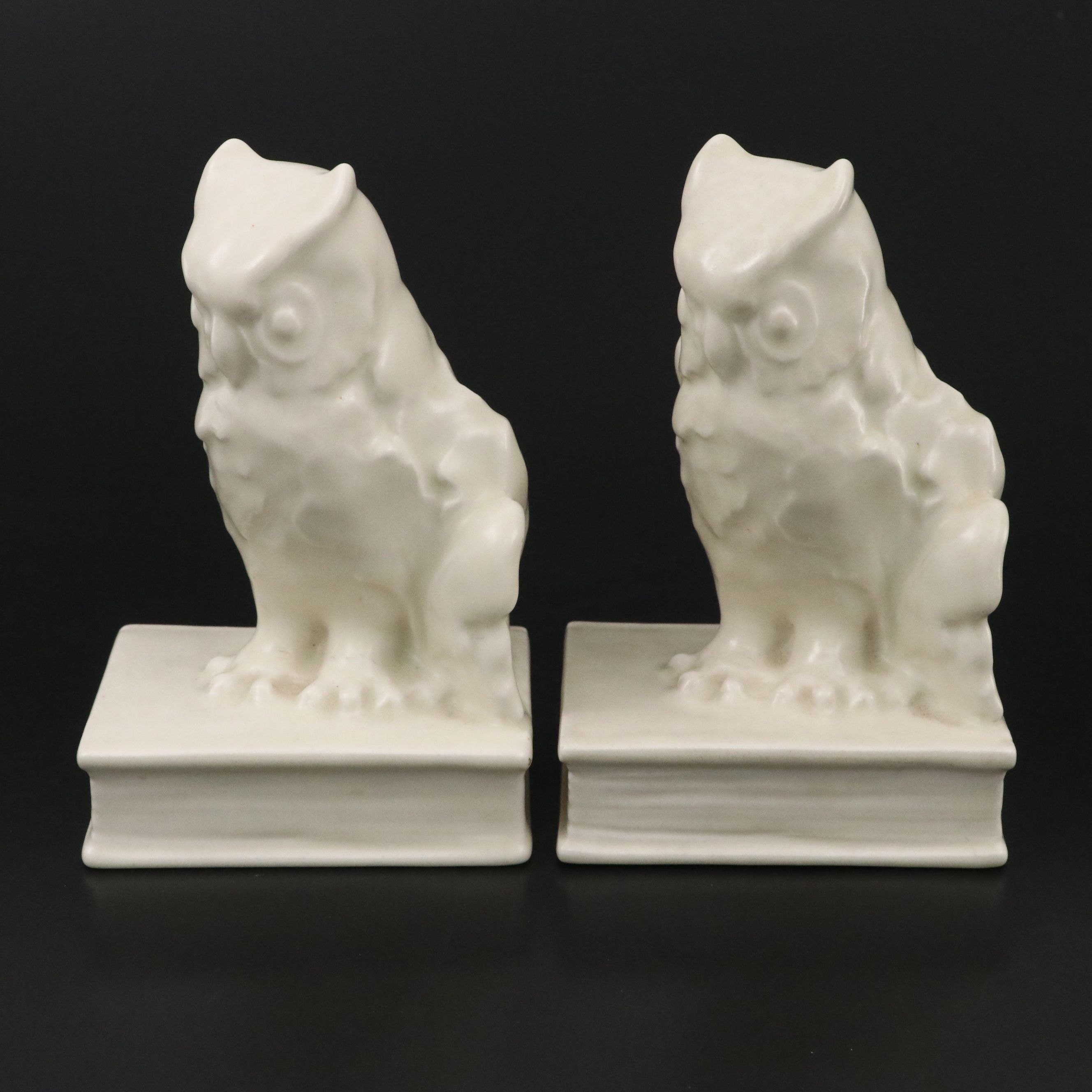 Rookwood Pottery White Ceramic Owl Bookends, 1941
