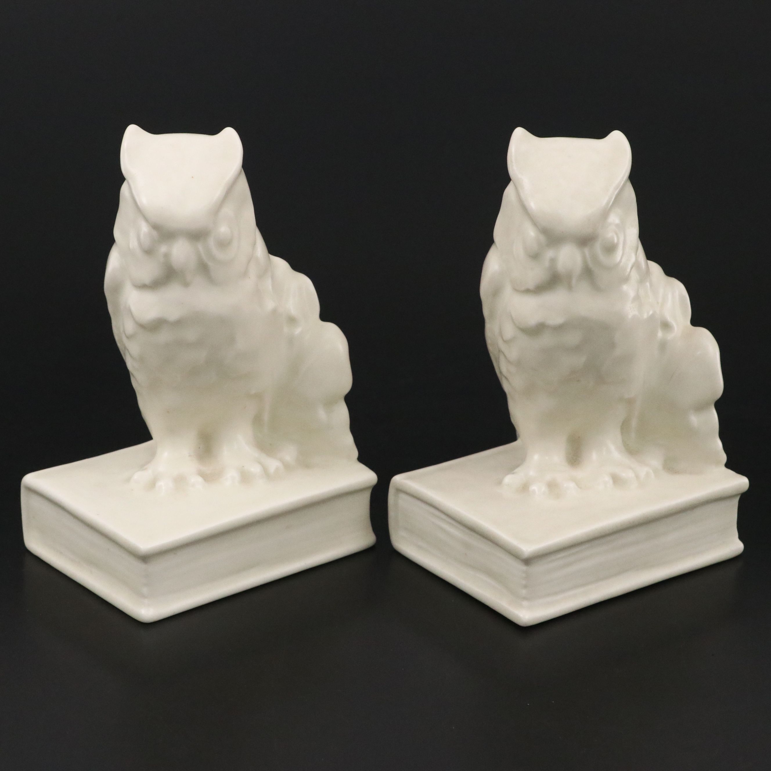 Rookwood Pottery White Ceramic Owl Bookends, 1941
