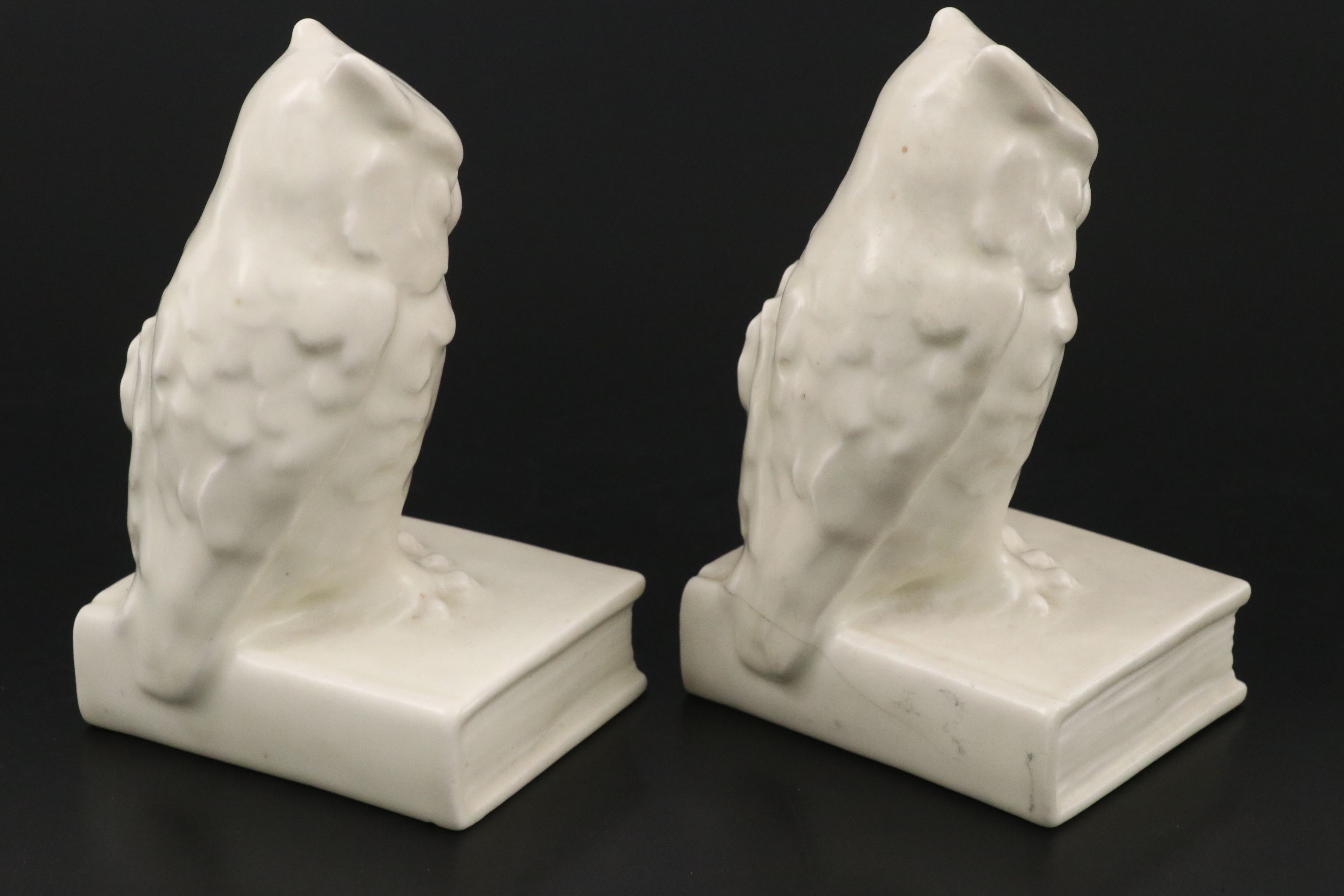 Rookwood Pottery White Ceramic Owl Bookends, 1941