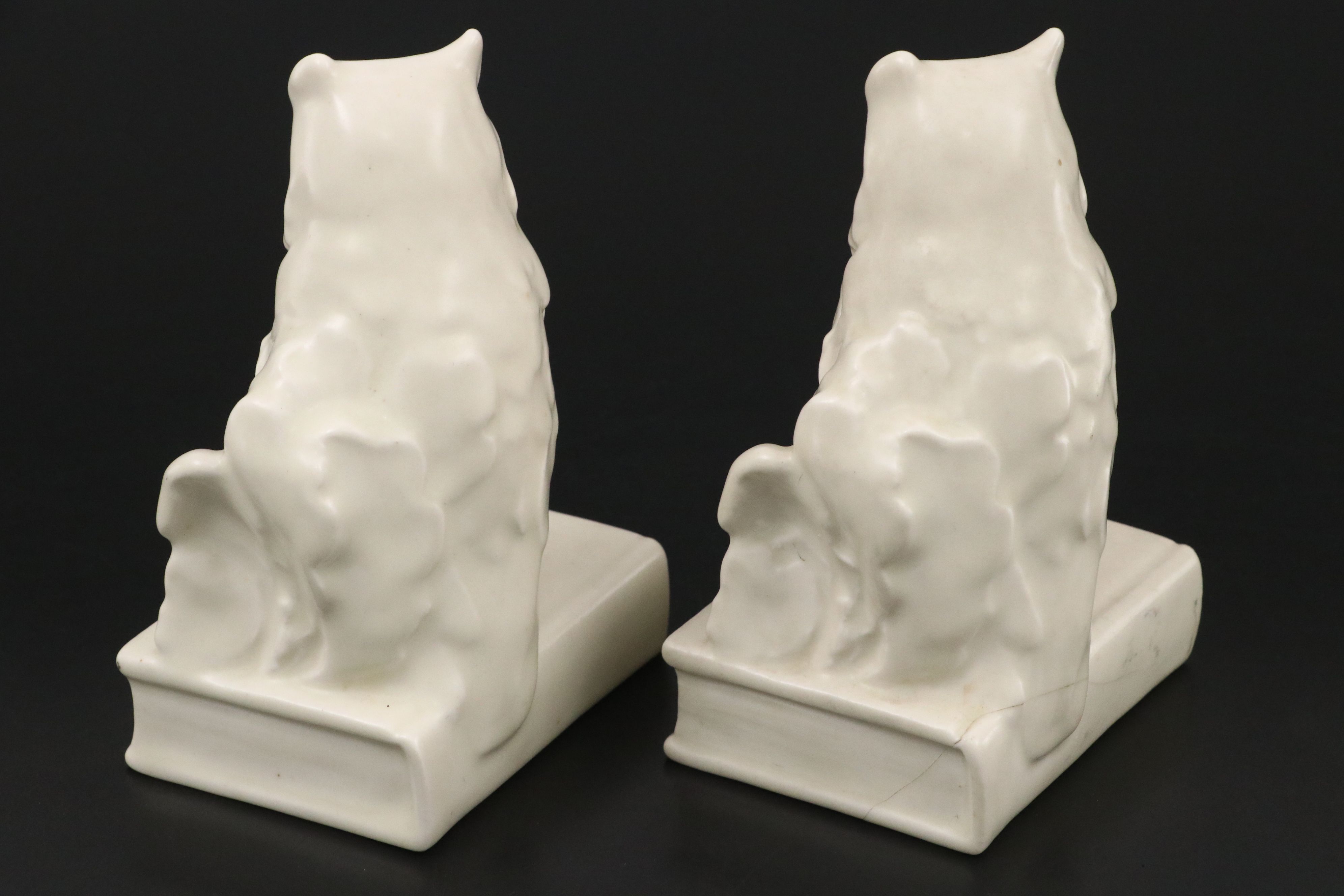 Rookwood Pottery White Ceramic Owl Bookends, 1941