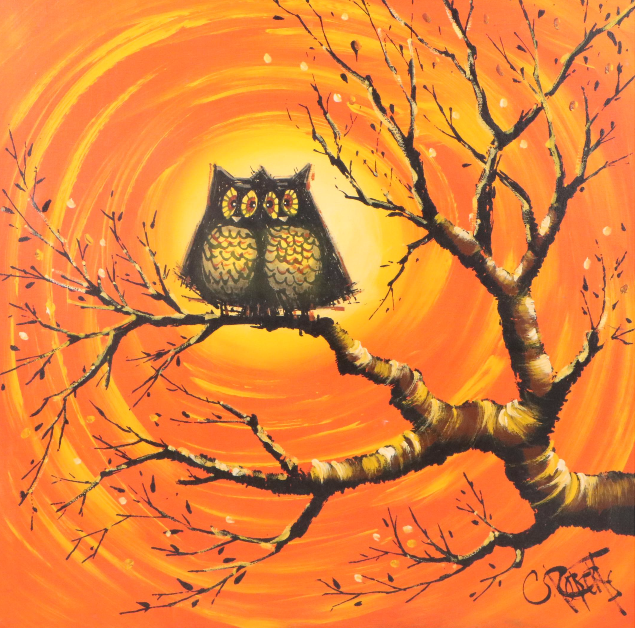 C. Roberts Acrylic Painting of Pair of Owls in Tree, Mid to Late 20th C.