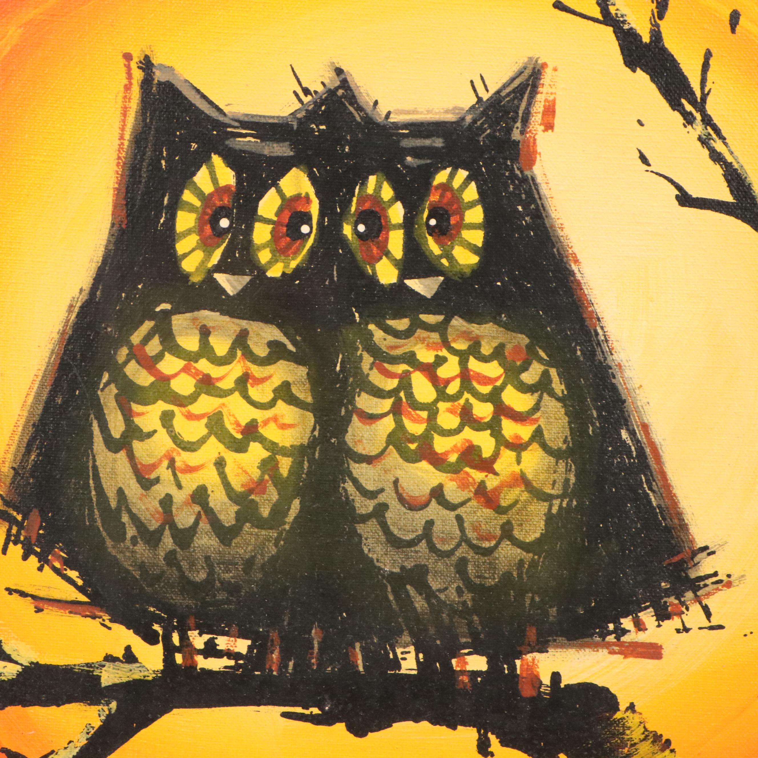 C. Roberts Acrylic Painting of Pair of Owls in Tree, Mid to Late 20th C.