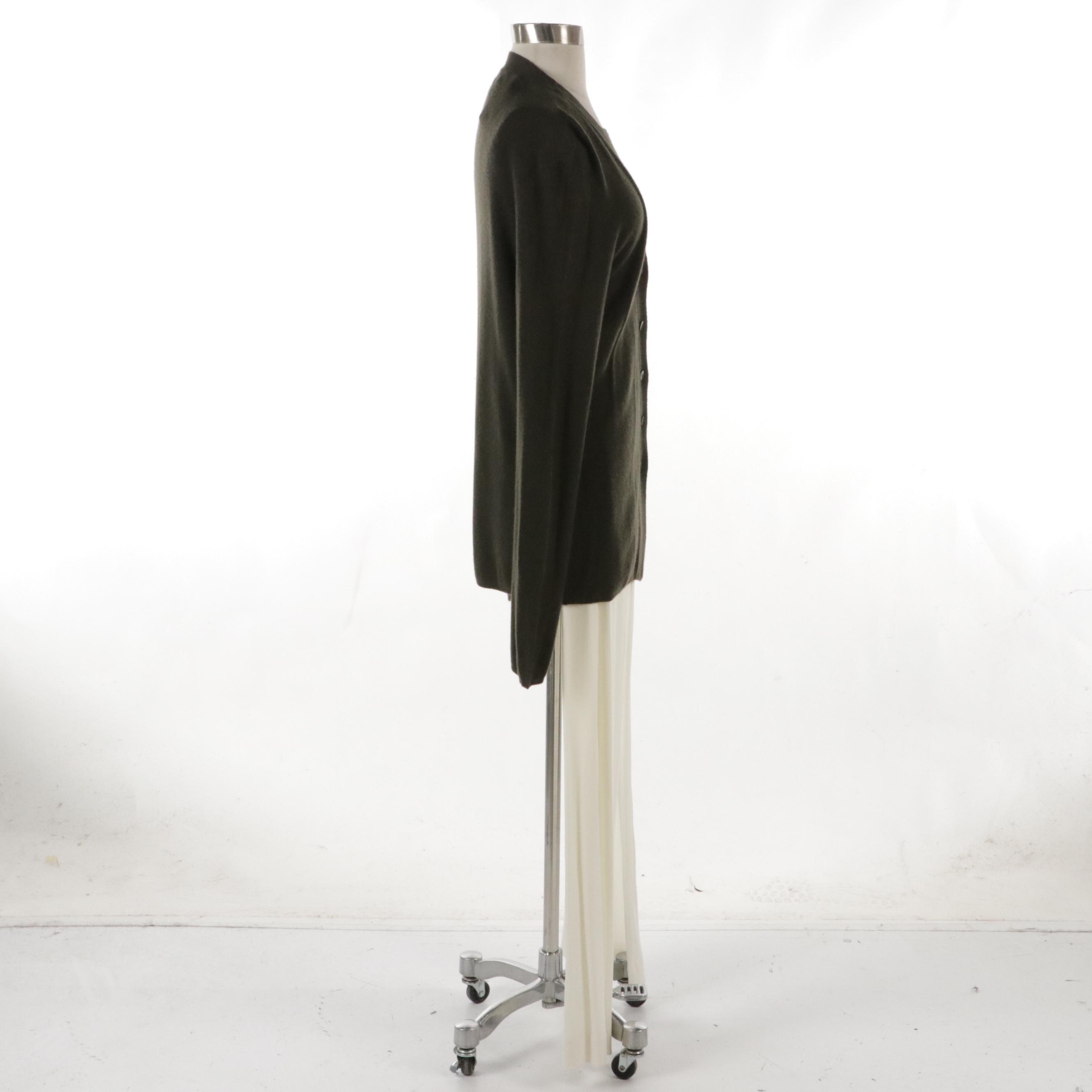 Donna Karan Cashmere Cardigan and Knit Long Sleeve Set with White Rayon Trousers