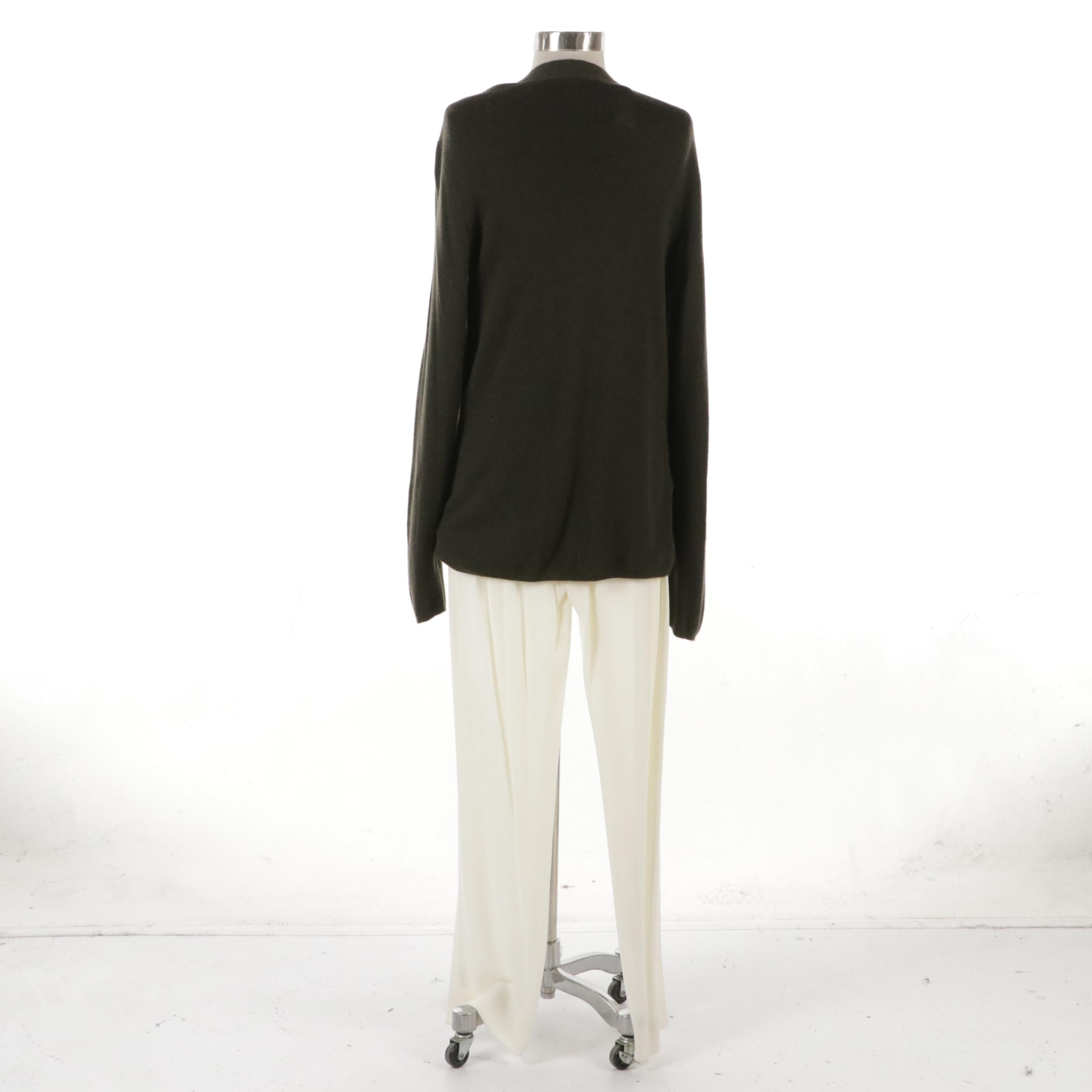 Donna Karan Cashmere Cardigan and Knit Long Sleeve Set with White Rayon Trousers
