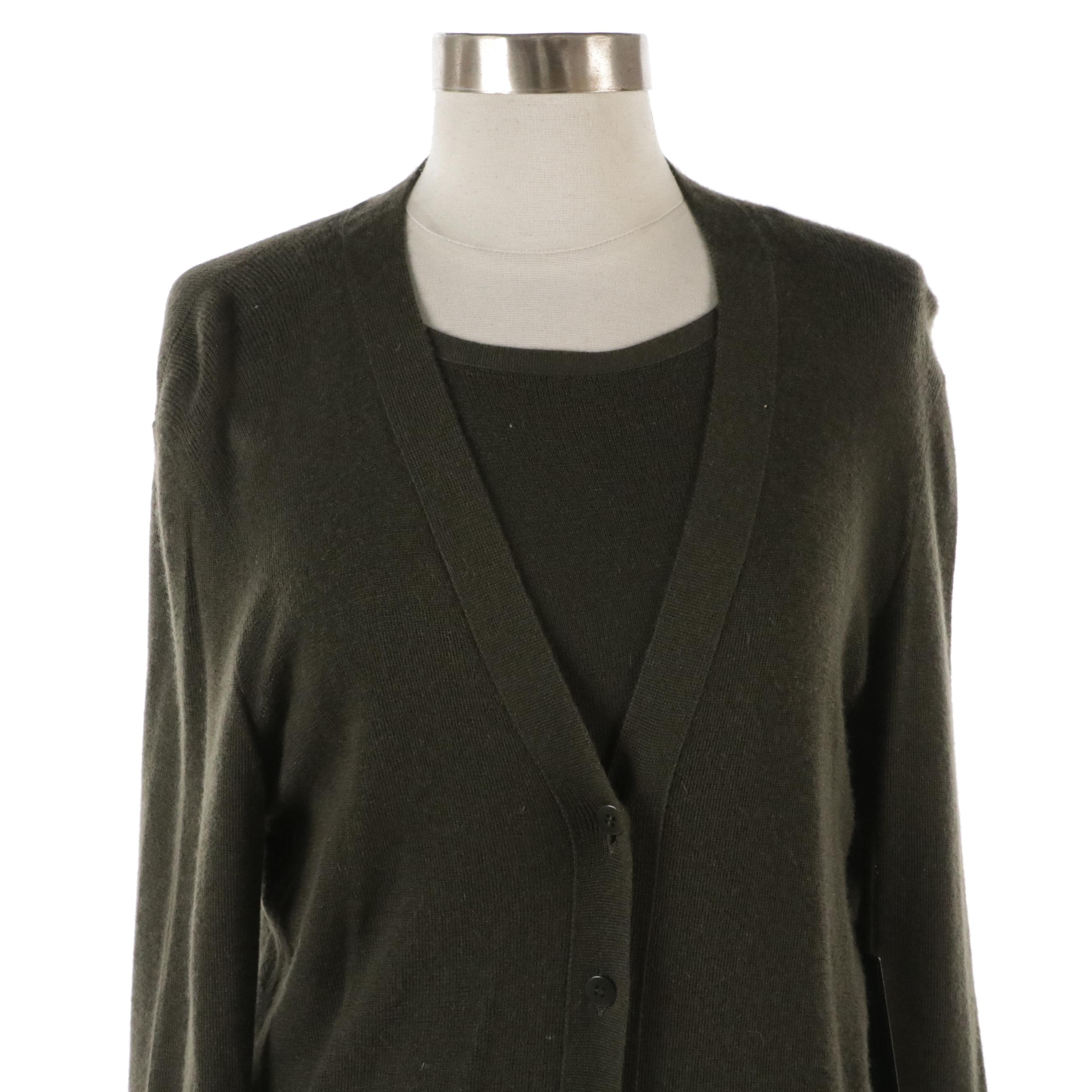 Donna Karan Cashmere Cardigan and Knit Long Sleeve Set with White Rayon Trousers