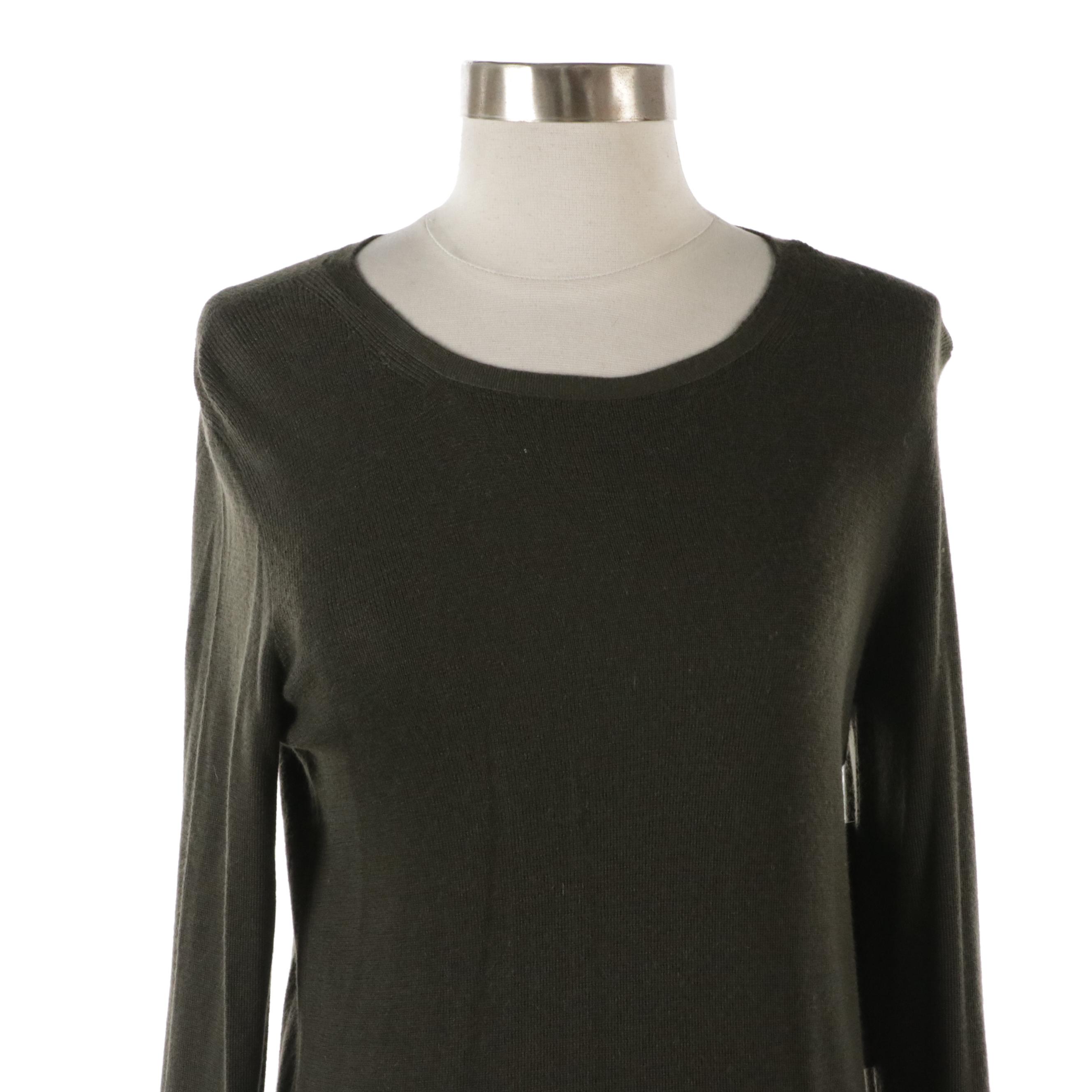 Donna Karan Cashmere Cardigan and Knit Long Sleeve Set with White Rayon Trousers