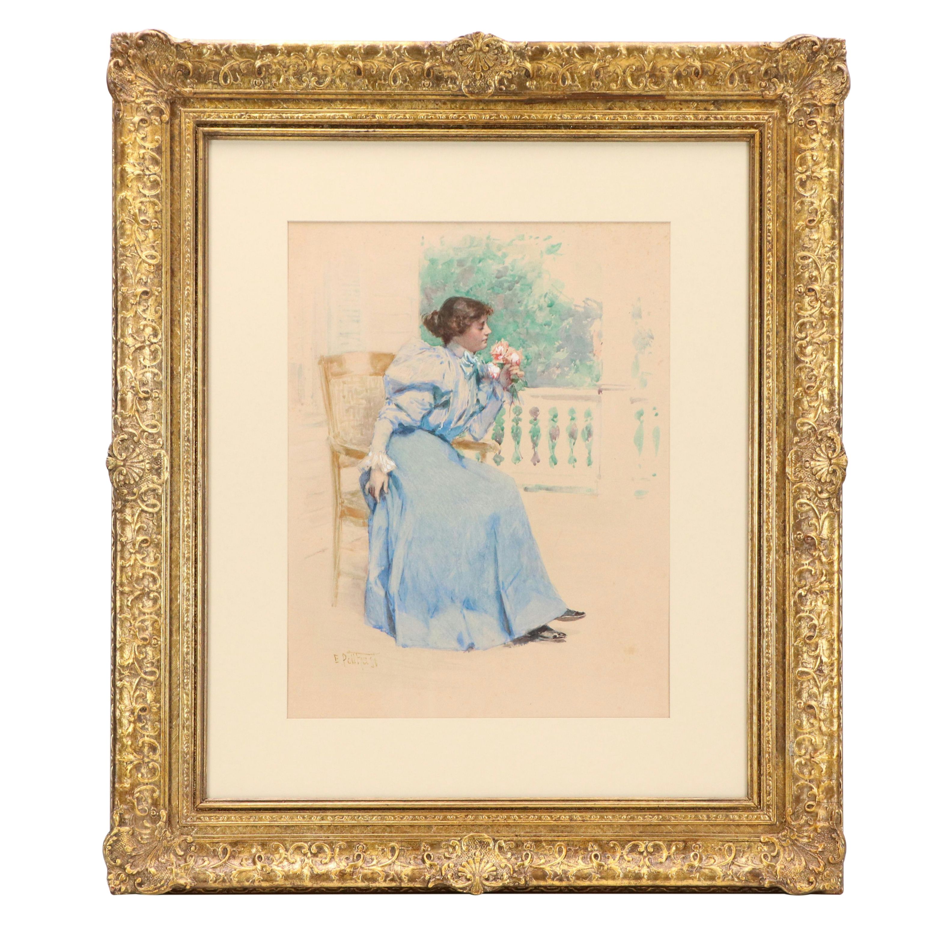 Edward Henry Potthast Watercolor "Bouquet from a Suitor," Circa 1895