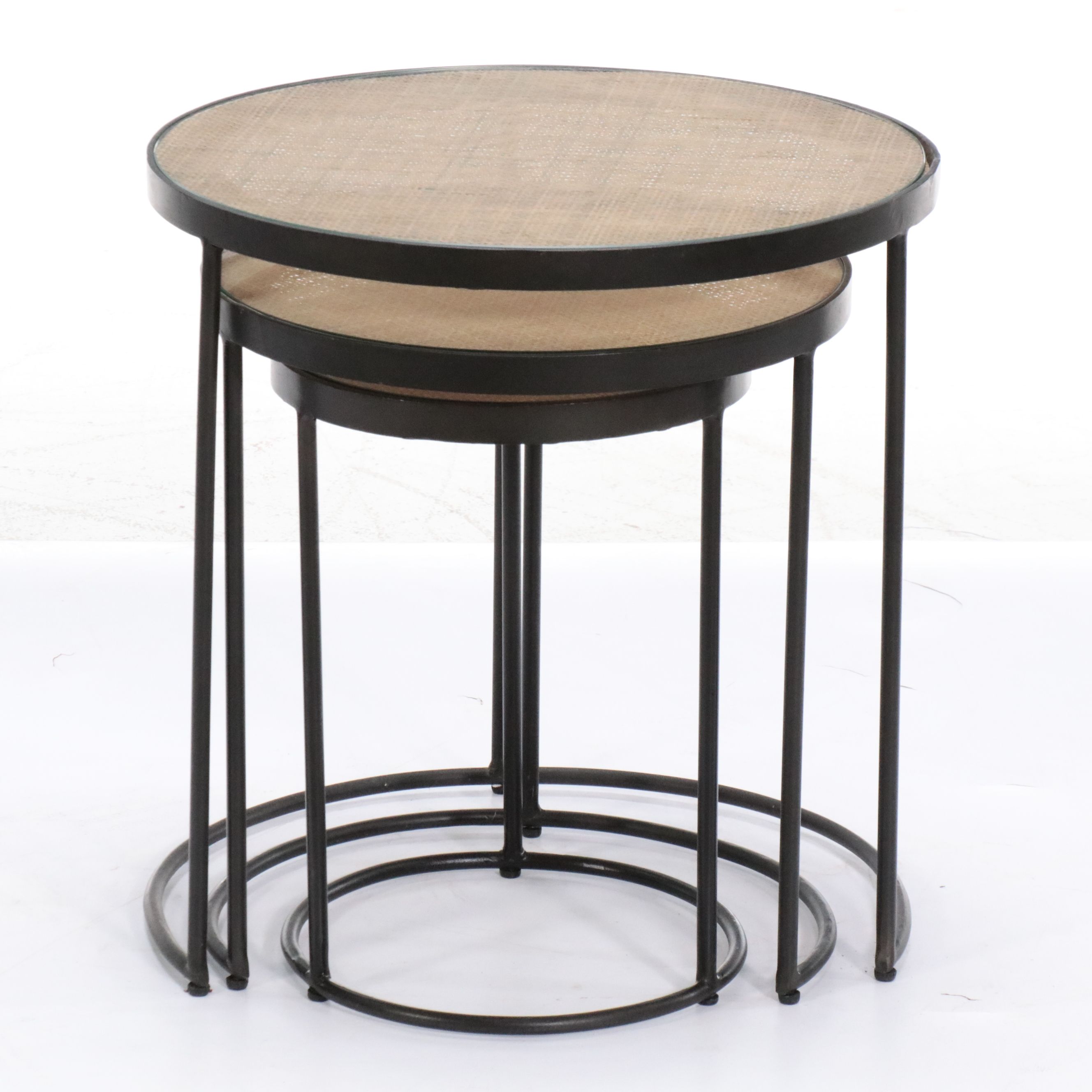 Contemporary Metal and Woven Cane Top Nesting Tables